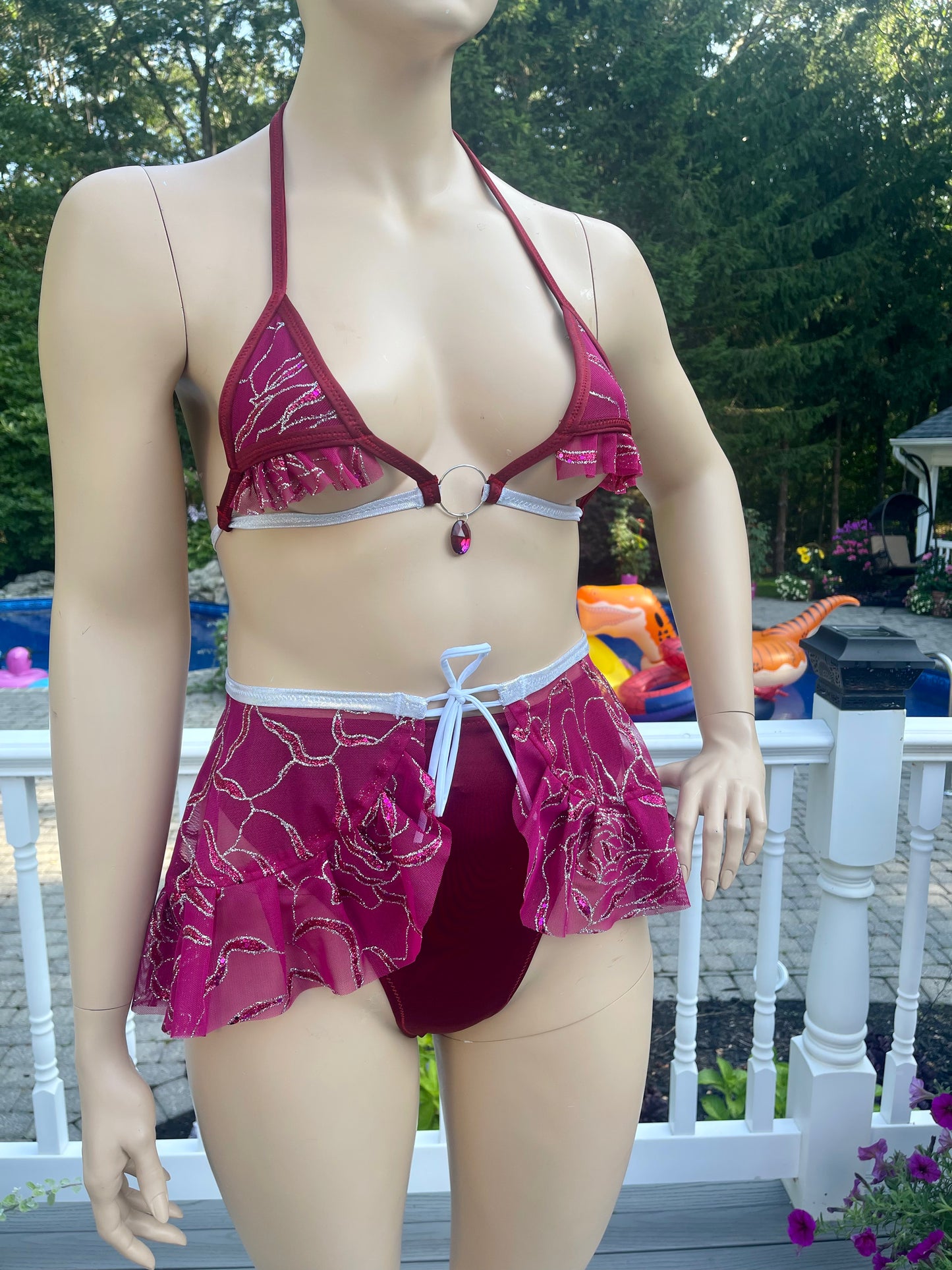 Maroon Pink and Burgundy Glitter Marble 3 Piece set with Ruffles
