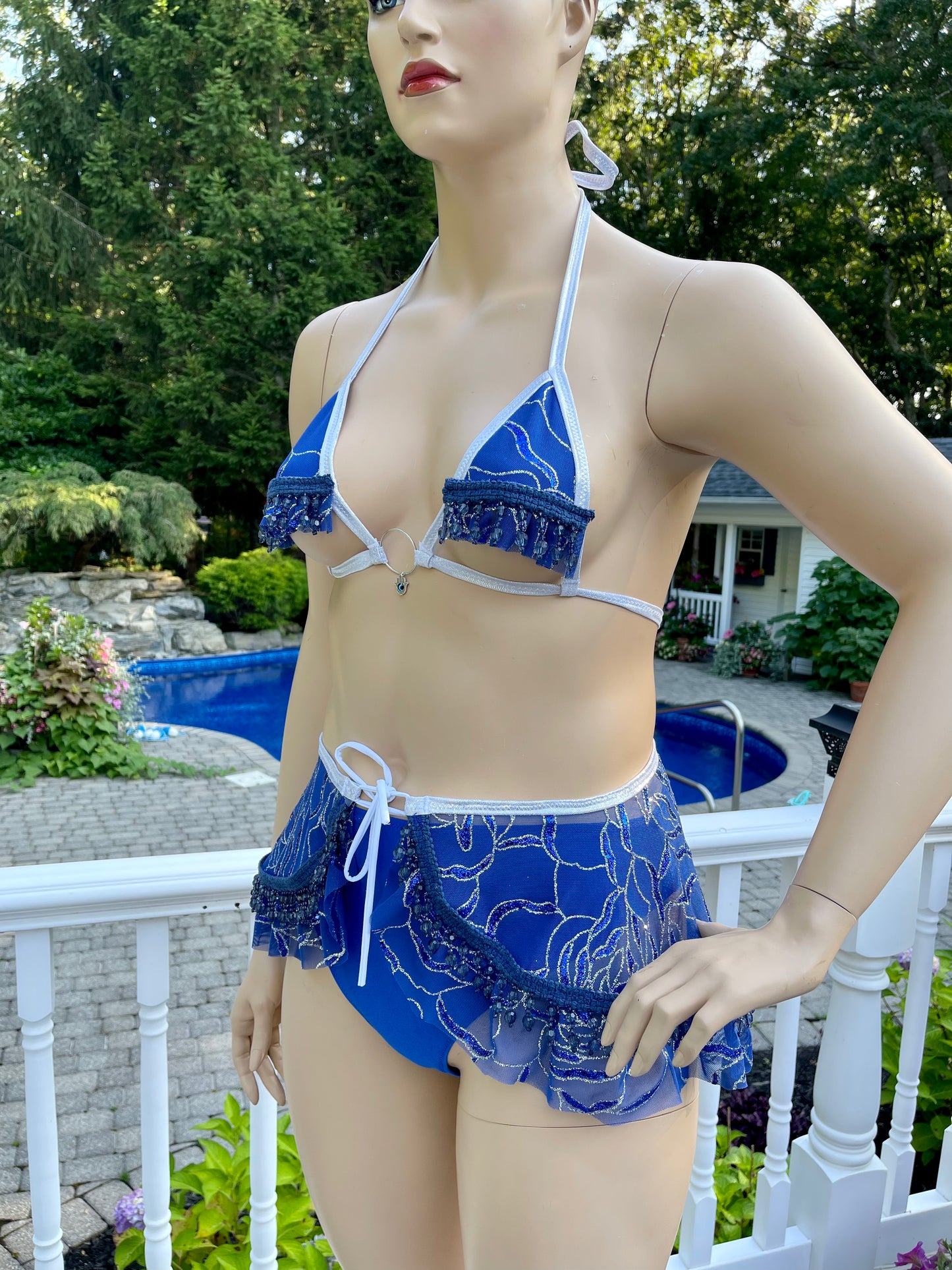 Blue and Silver Glitter Marble 3 Piece set with Ruffles