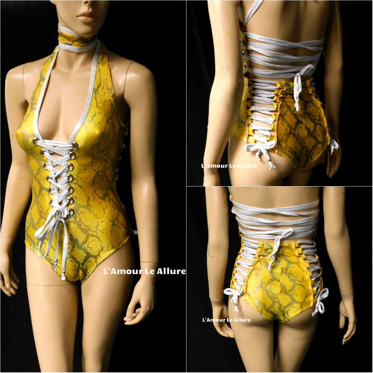 Yellow Holographic Snake Skin Animal Print Monokini Rave Dance Leotard