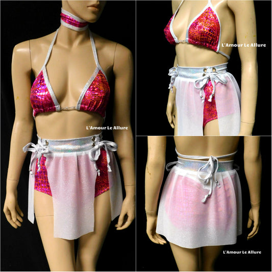 Hot Pink Holographic Snake Skin Animal Print Bikini With Choker, High Waist Skirt and Bottom