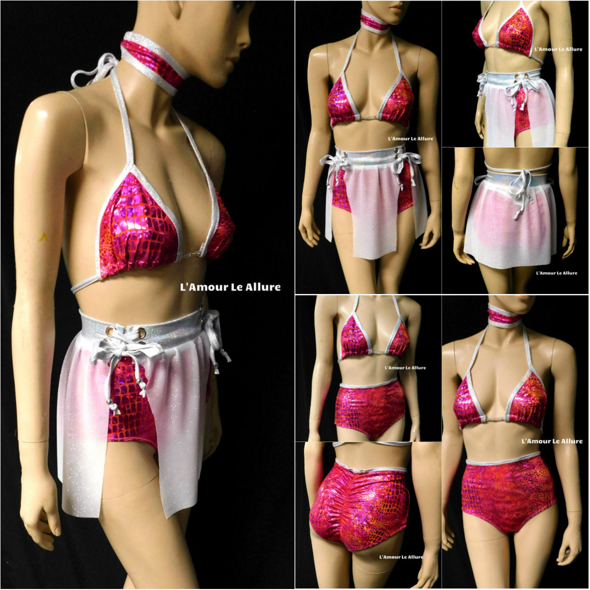 Hot Pink Holographic Snake Skin Animal Print Bikini With Choker, High Waist Skirt and Bottom