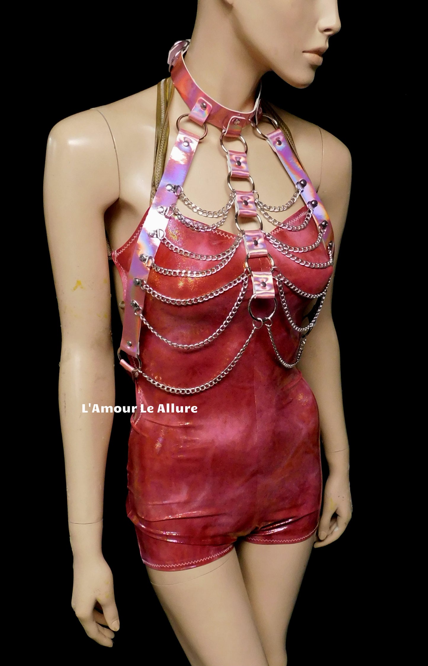 Holographic Pink Body Harness with Silver Chains
