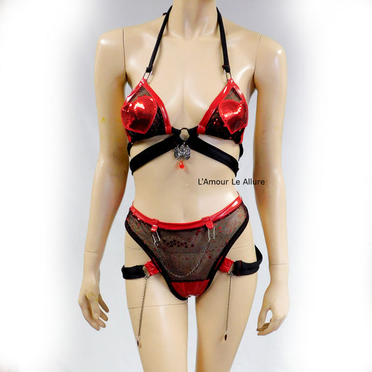 Red and Black Heart Vinyl Bikini Dance Festival Outfit