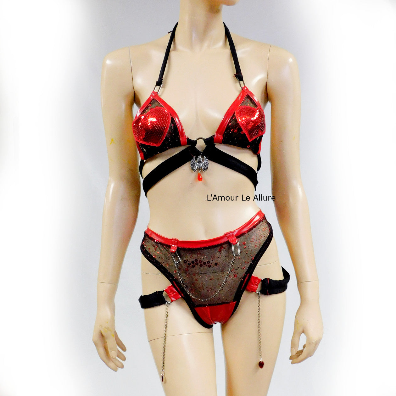 Red and Black Heart Vinyl Bikini Dance Festival Outfit