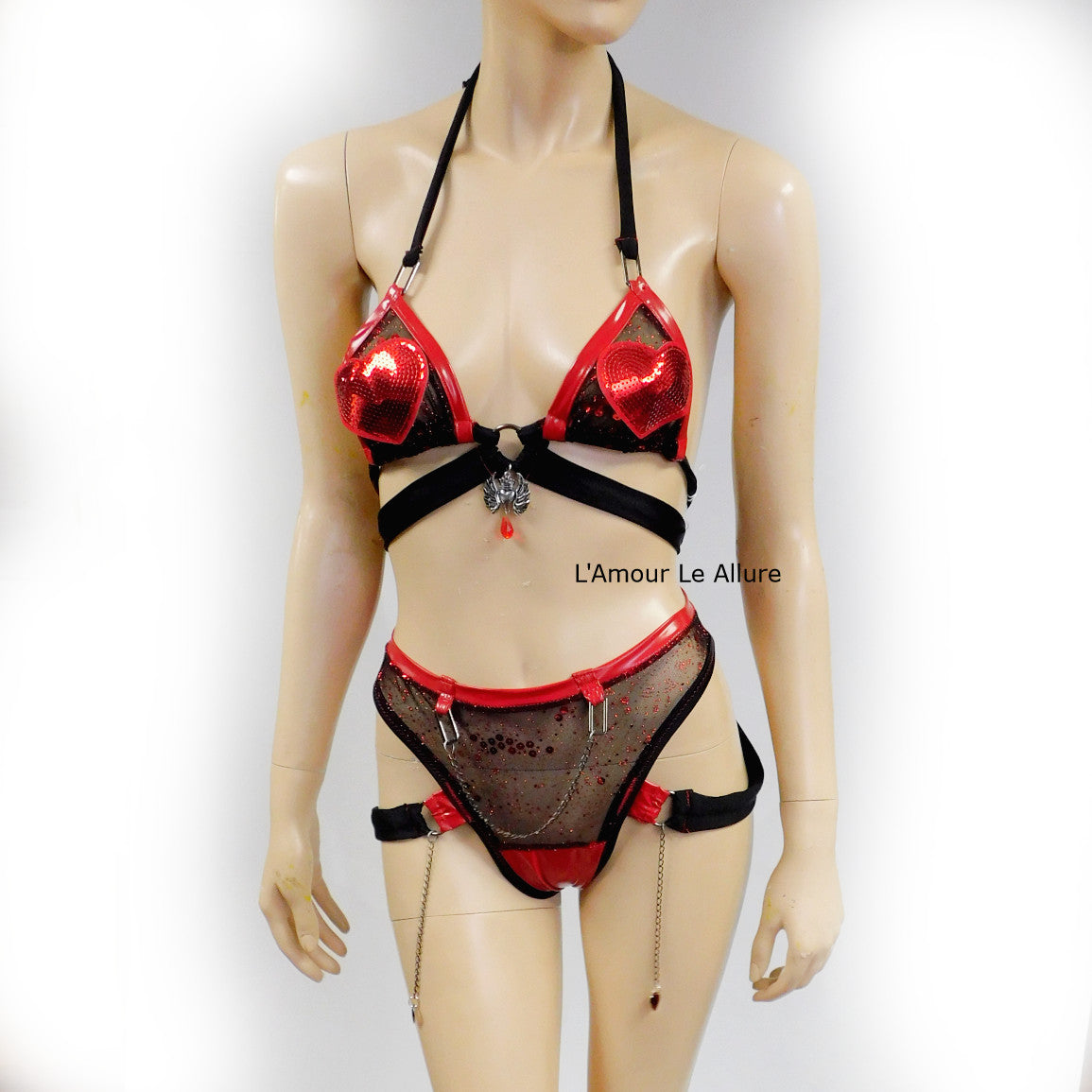 Red and Black Heart Vinyl Bikini Dance Festival Outfit