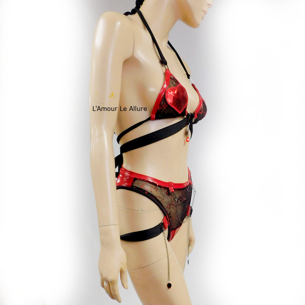 Red and Black Heart Vinyl Bikini Dance Festival Outfit