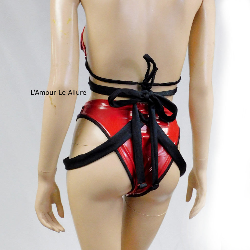 Red and Black Heart Vinyl Bikini Dance Festival Outfit