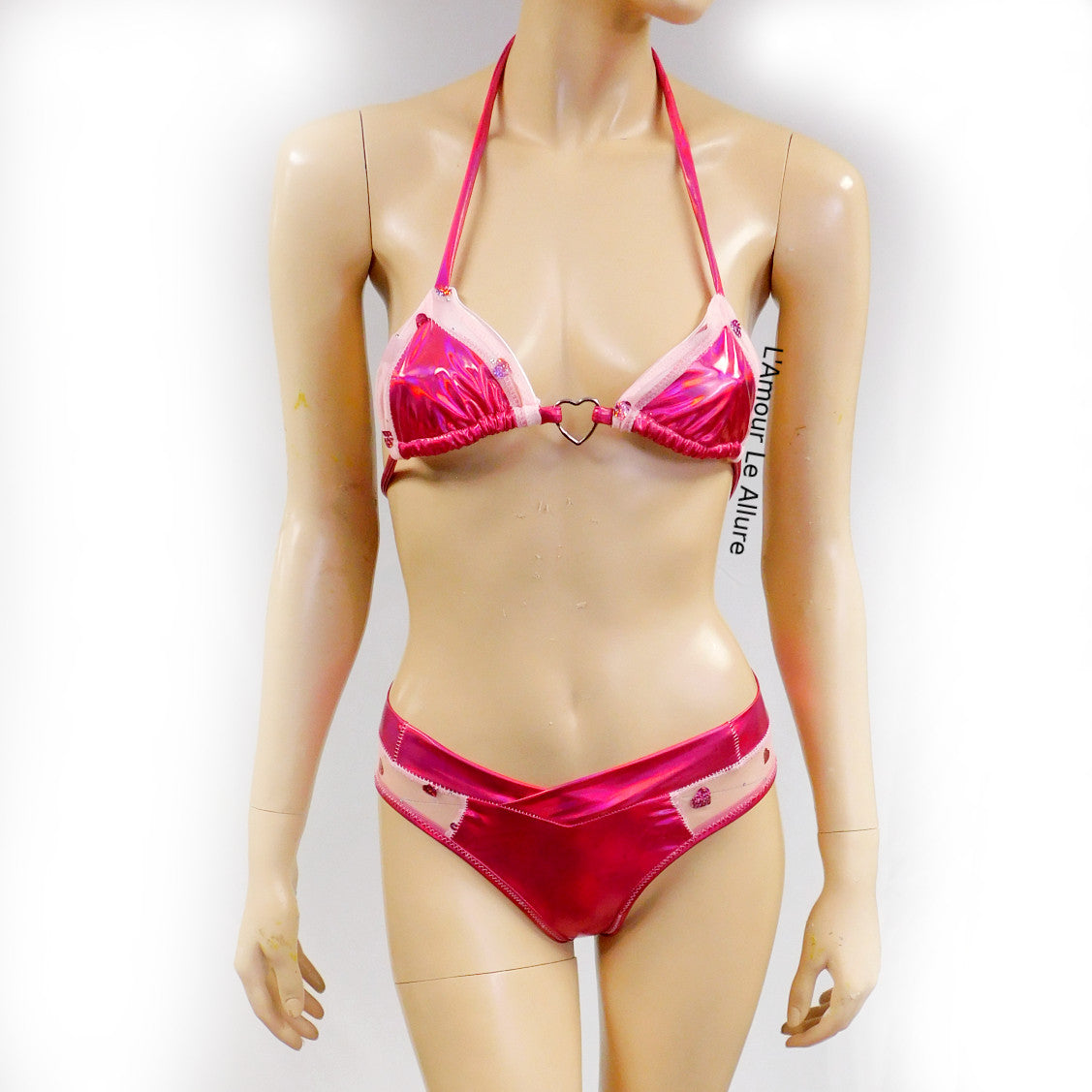 Pink Sequin Heart Mesh Bikini Dance Festival Outfit