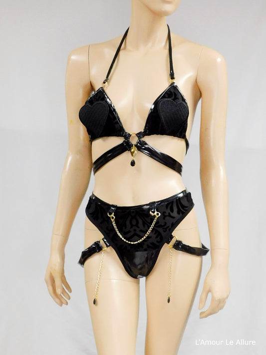 Black Heart Vinyl Bikini Dance Festival Outfit