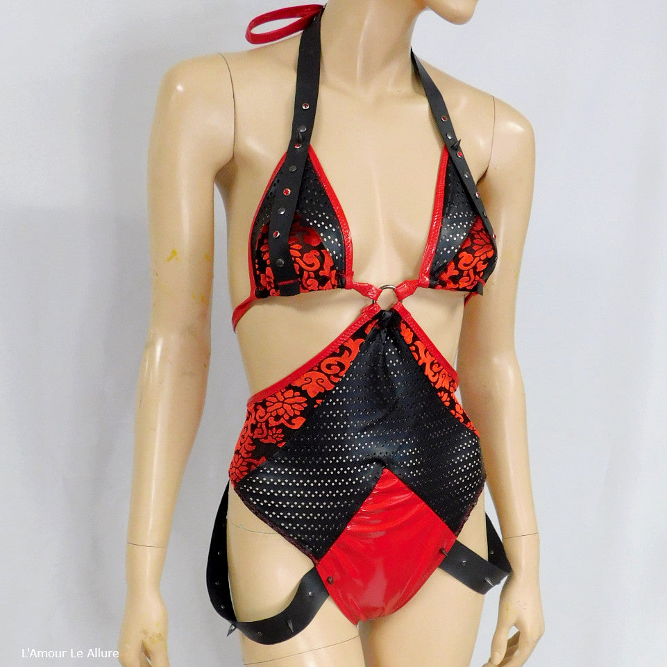 Black Leather Vinyl and Suede Bodysuit Monokini Dance Festival