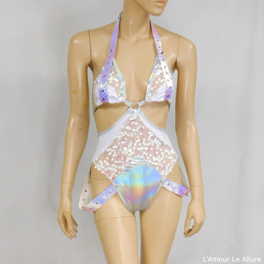 White Holographic Sequin Bodysuit Monokini Dance Festival