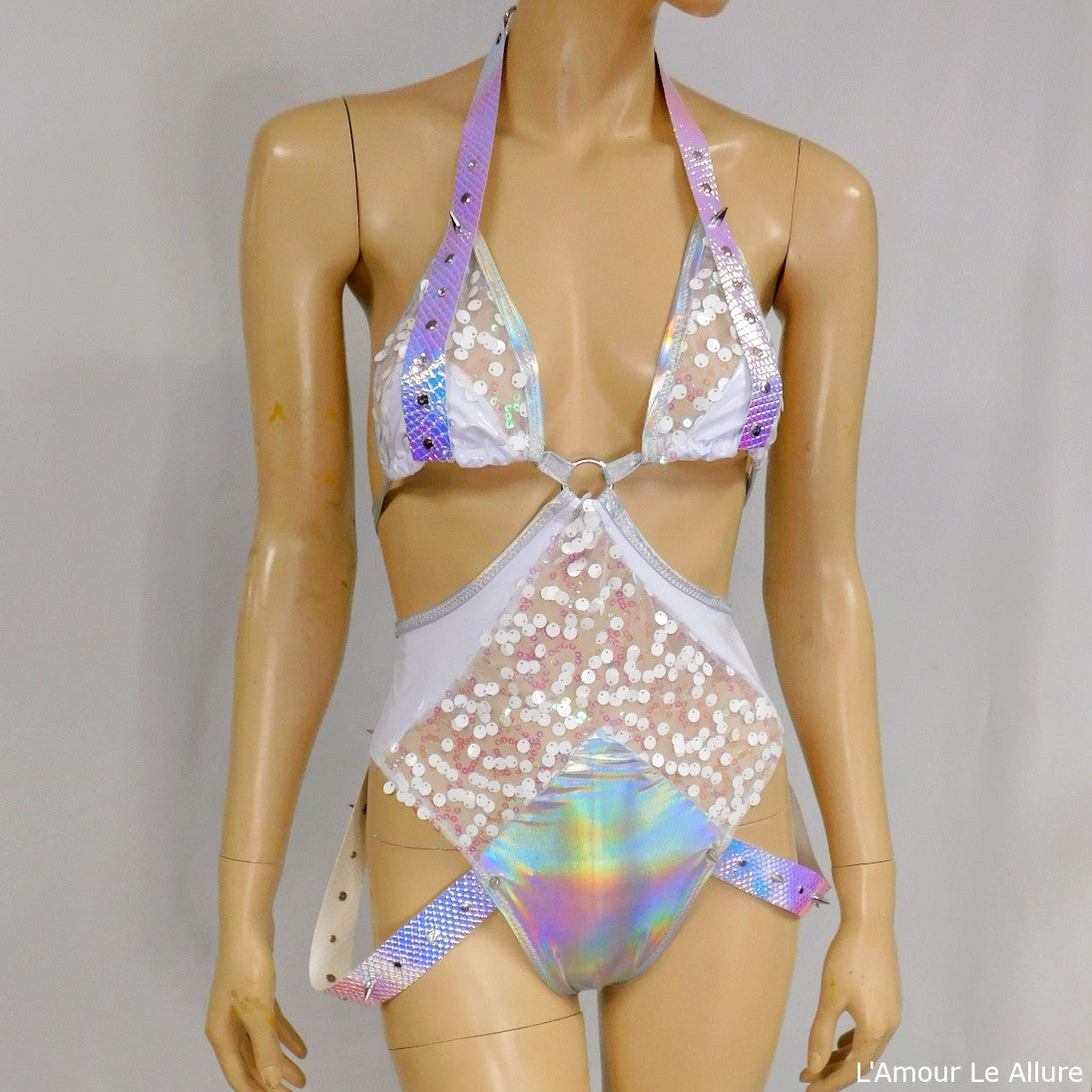 White Holographic Sequin Bodysuit Monokini Dance Festival