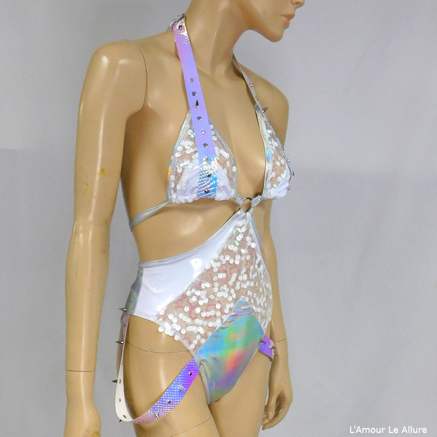 White Holographic Sequin Bodysuit Monokini Dance Festival