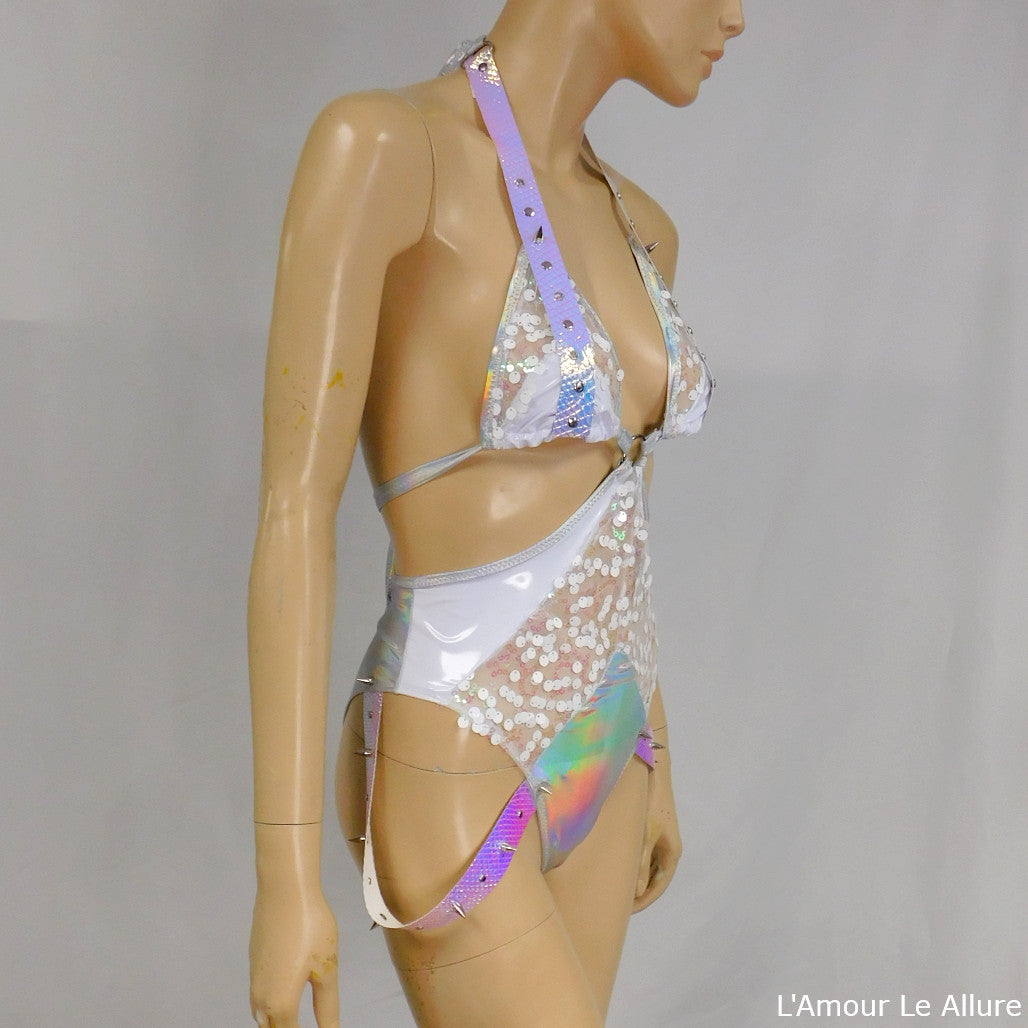 White Holographic Sequin Bodysuit Monokini Dance Festival