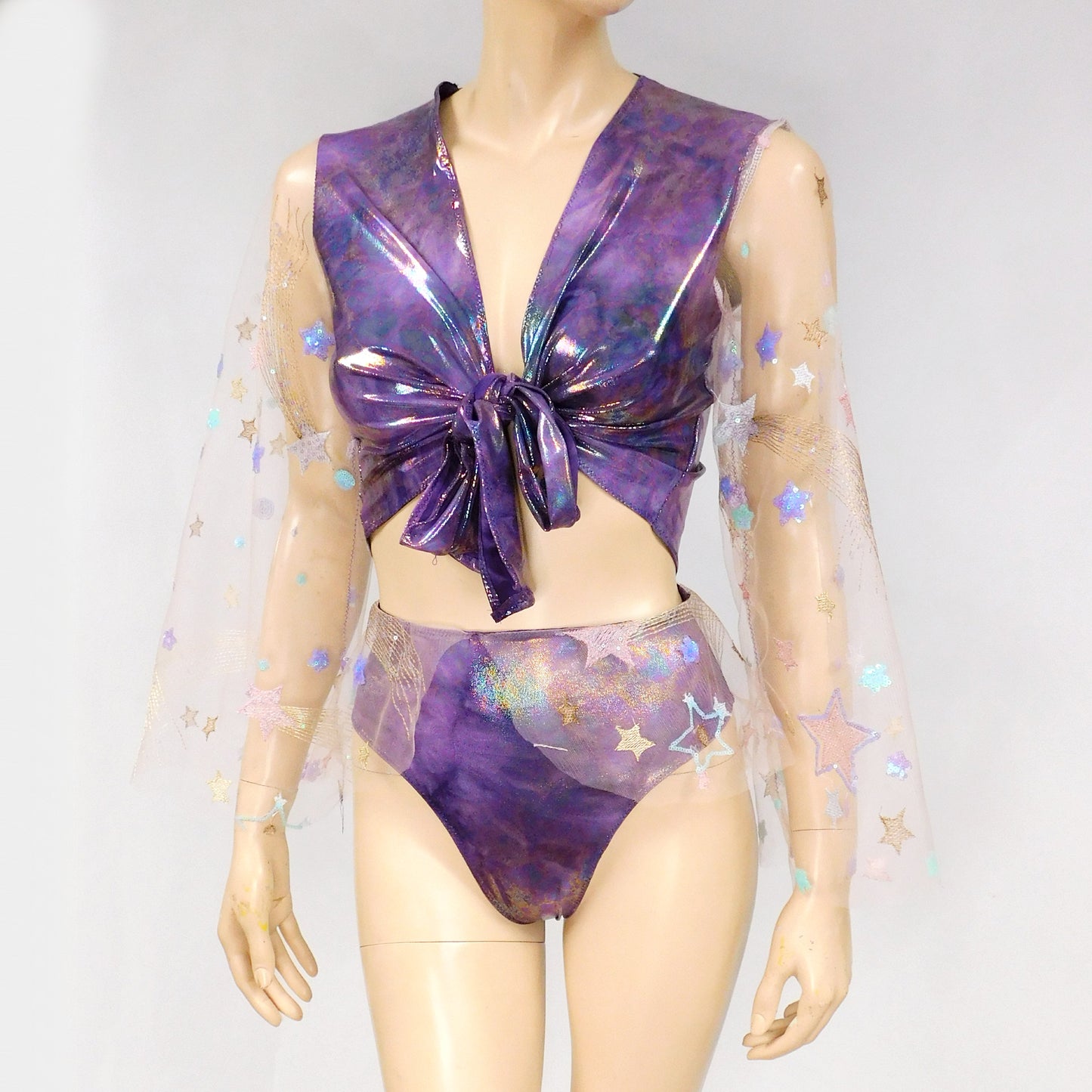 Purple Tie Dye Spandex Galaxy Mesh Crop Top with Matching Bottom