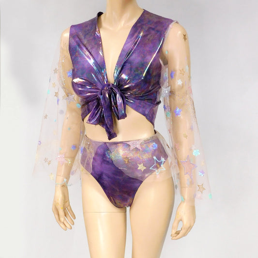 Purple Tie Dye Spandex Galaxy Mesh Crop Top with Matching Bottom