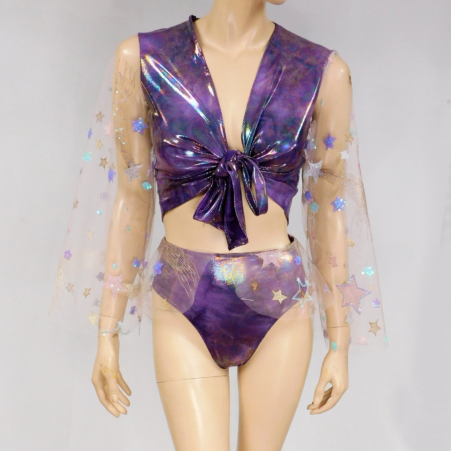 Purple Tie Dye Spandex Galaxy Mesh Crop Top with Matching Bottom