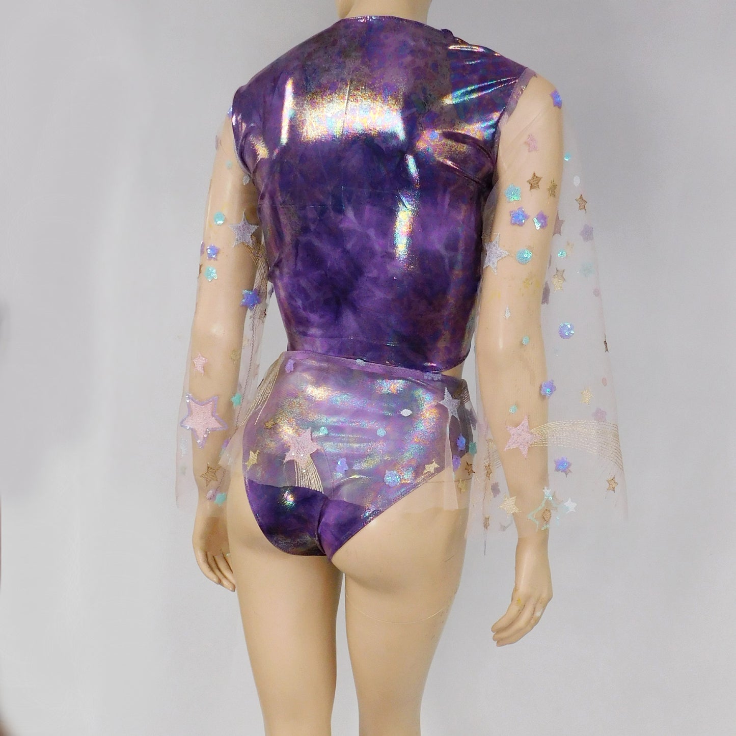 Purple Tie Dye Spandex Galaxy Mesh Crop Top with Matching Bottom