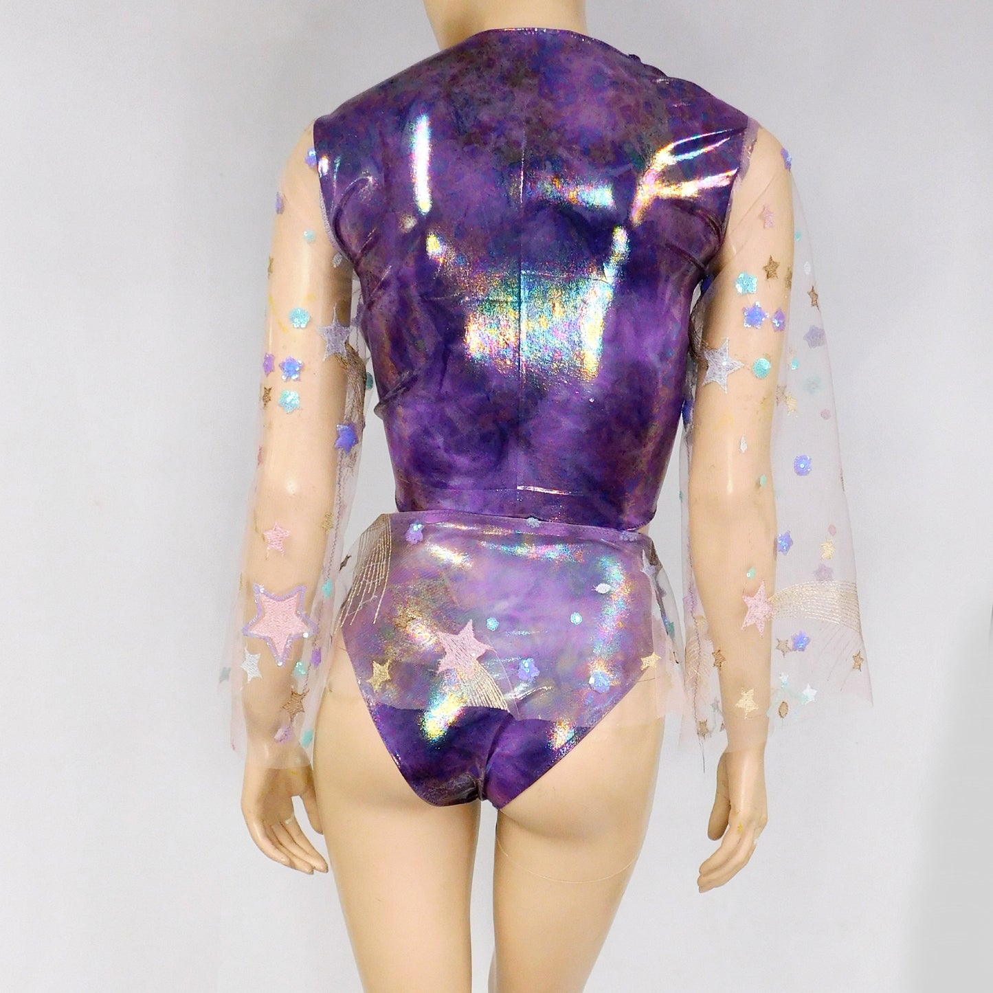 Purple Tie Dye Spandex Galaxy Mesh Crop Top with Matching Bottom