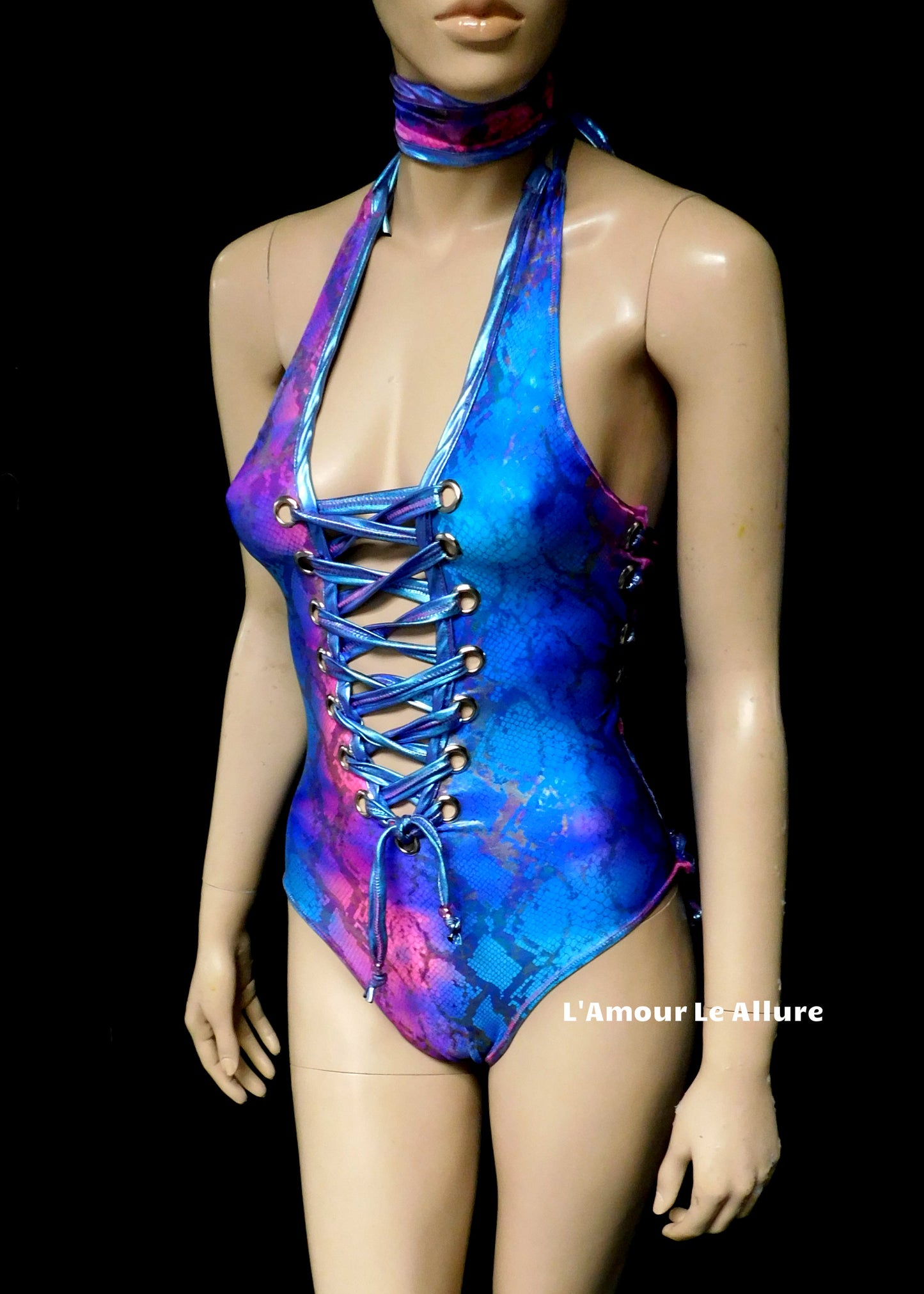Pink and Blue Cotton Candy Holograhic Snake Skin Animal Print Monokini Rave Dance Leotard
