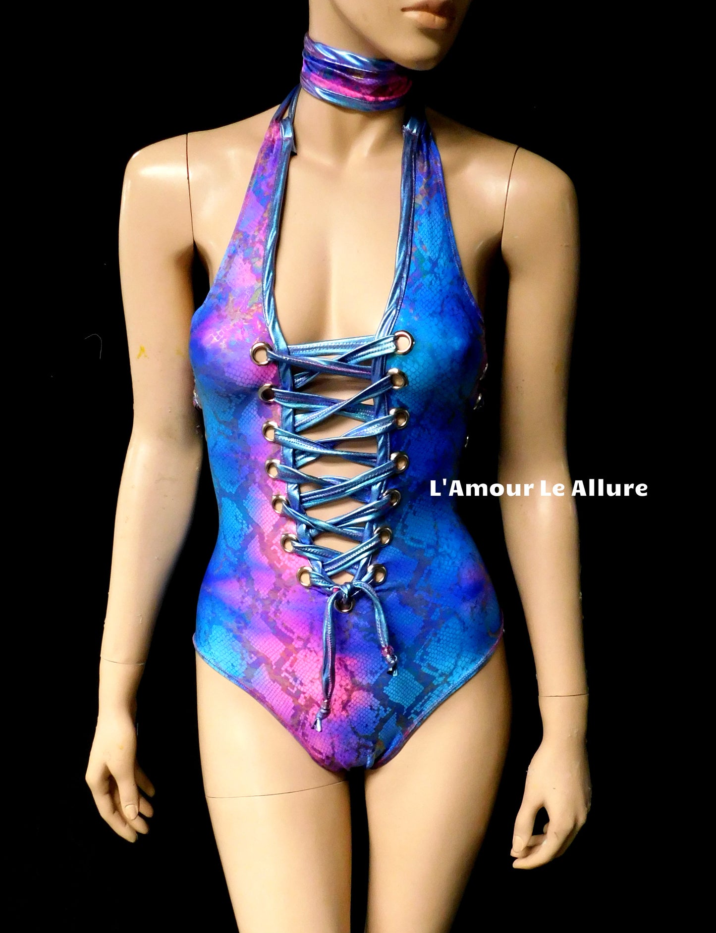 Pink and Blue Cotton Candy Holograhic Snake Skin Animal Print Monokini Rave Dance Leotard