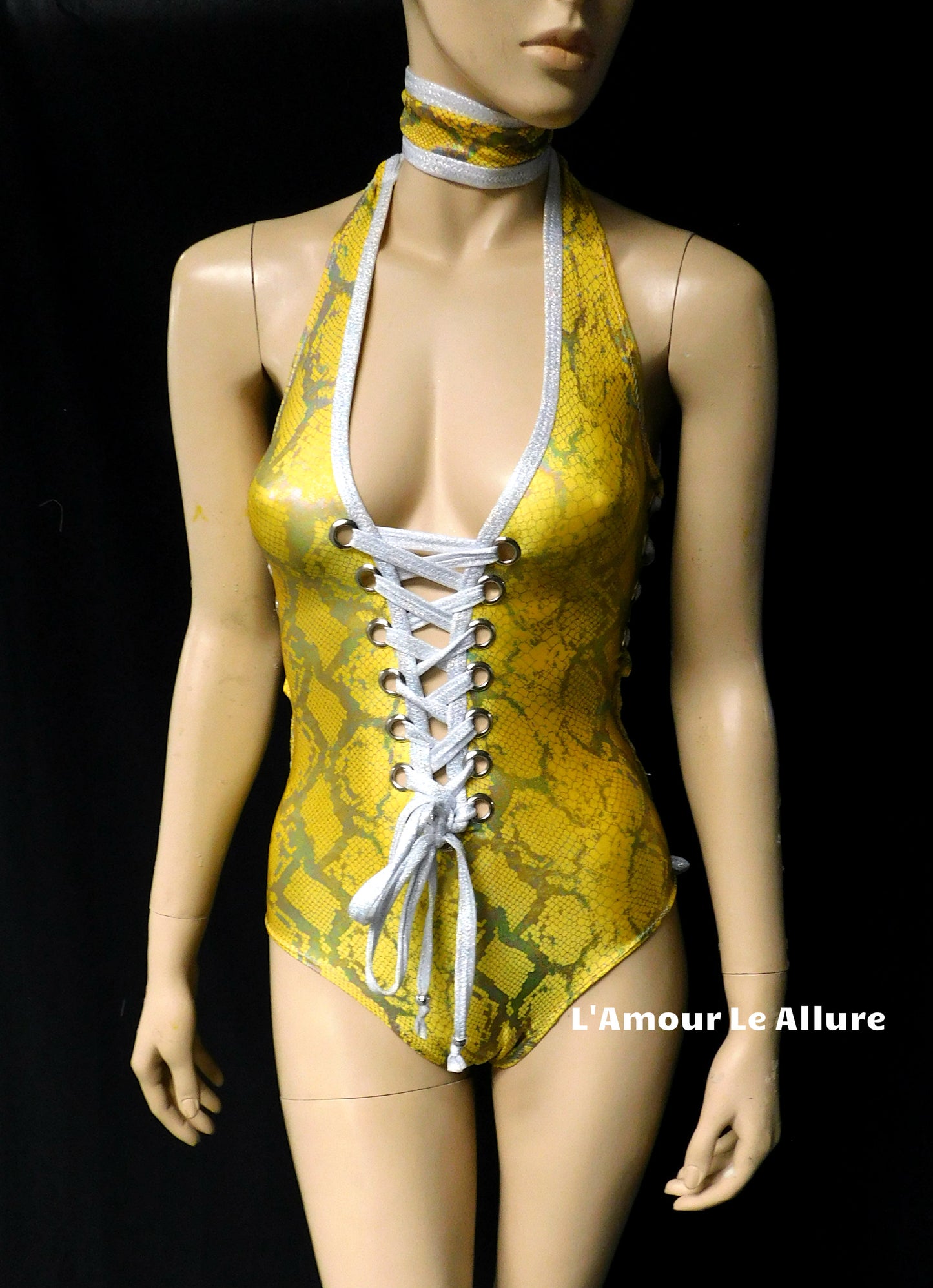 Yellow Holographic Snake Skin Animal Print Monokini Rave Dance Leotard