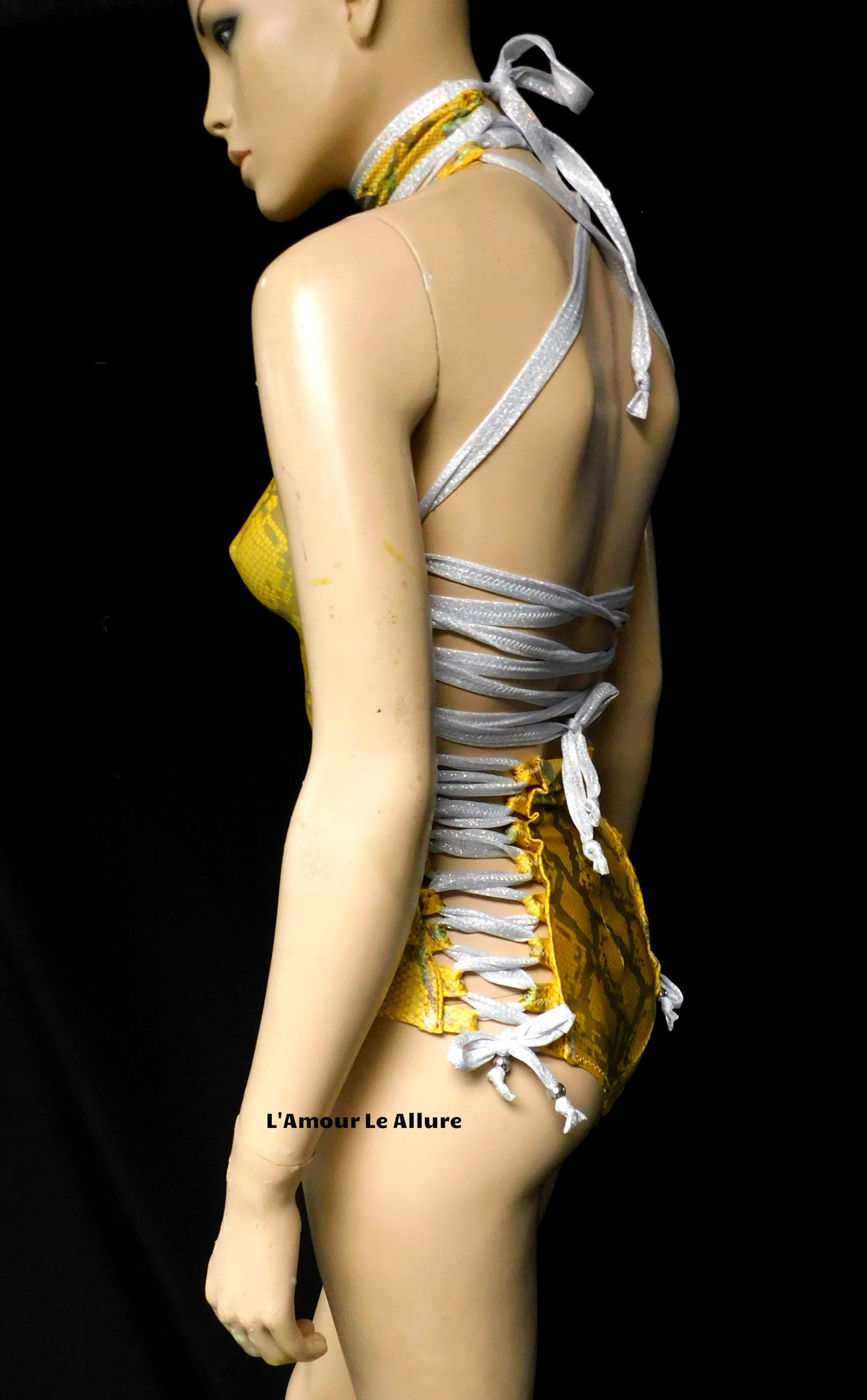 Yellow Holographic Snake Skin Animal Print Monokini Rave Dance Leotard