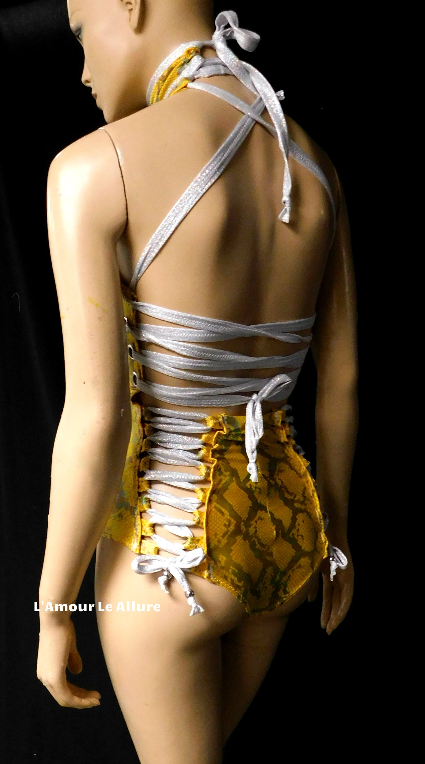 Yellow Holographic Snake Skin Animal Print Monokini Rave Dance Leotard