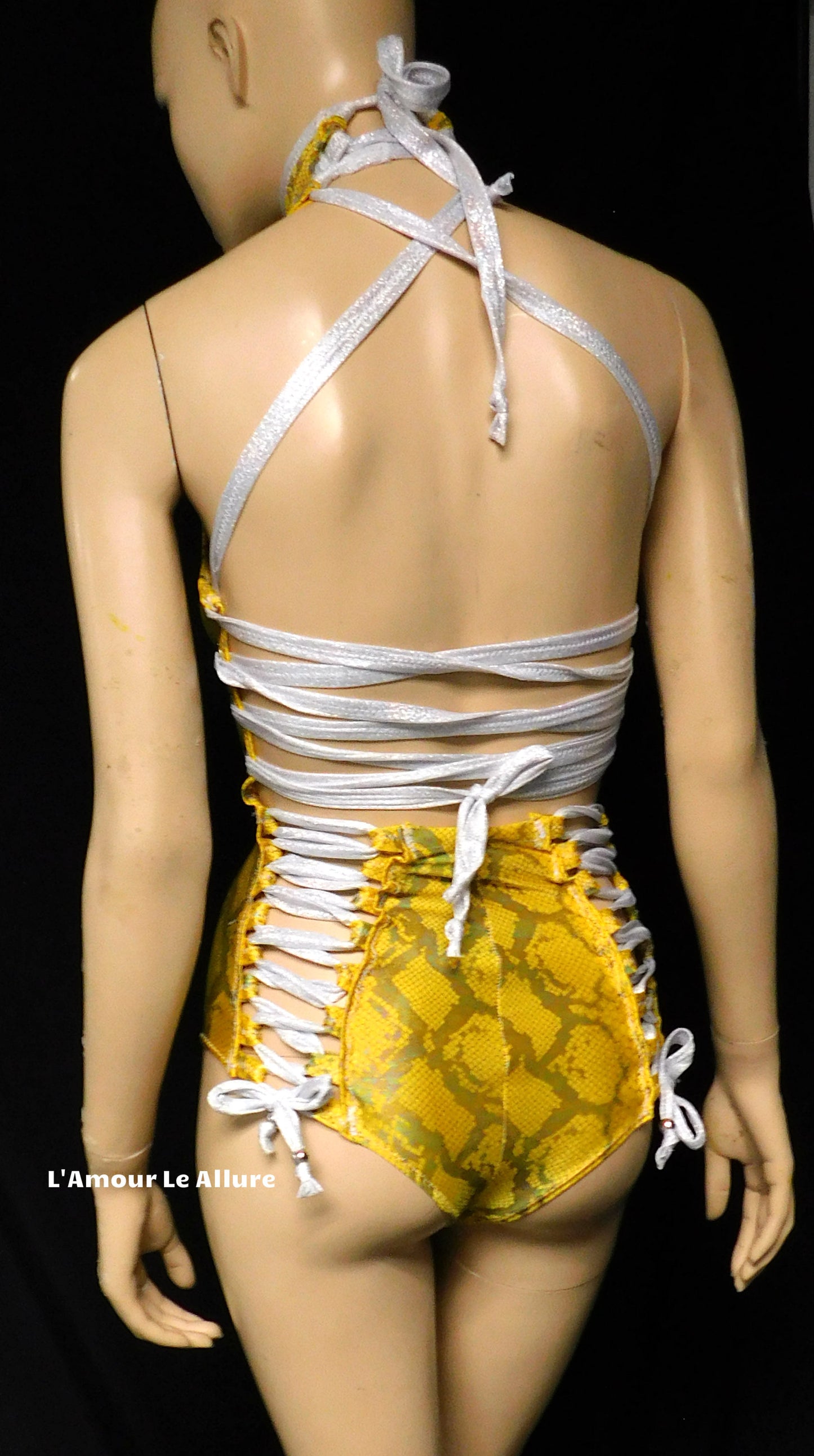Yellow Holographic Snake Skin Animal Print Monokini Rave Dance Leotard