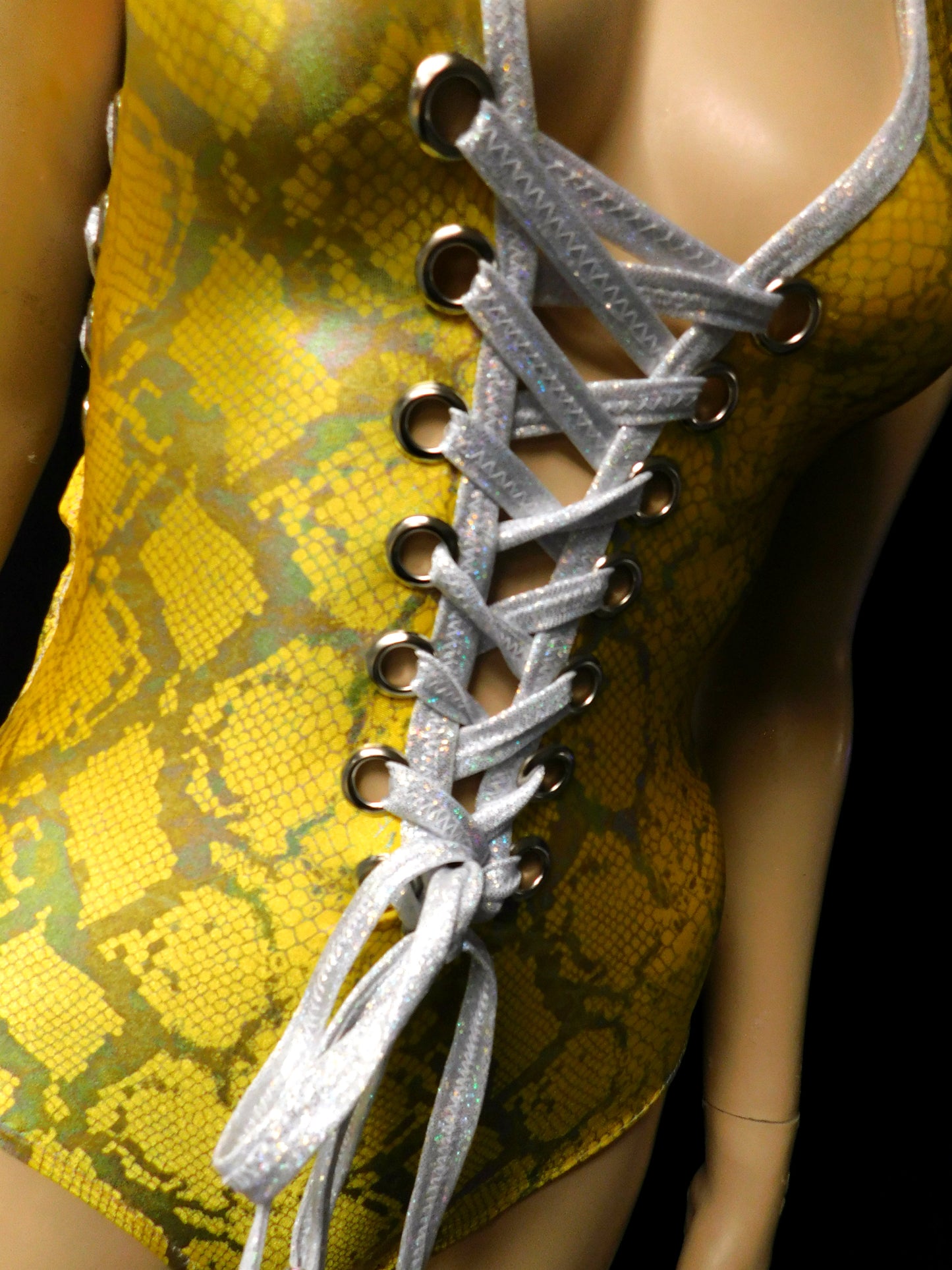 Yellow Holographic Snake Skin Animal Print Monokini Rave Dance Leotard