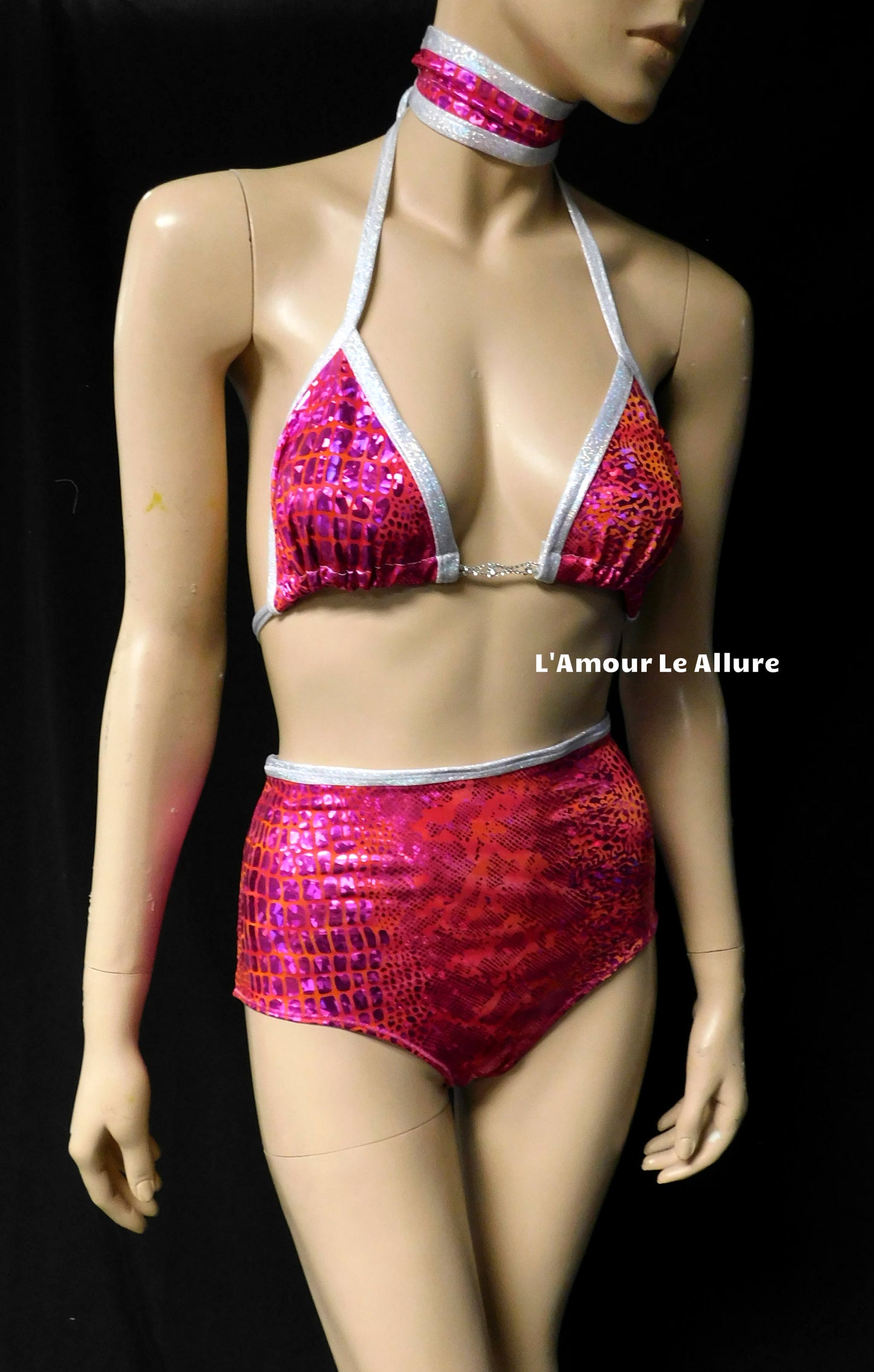 Hot Pink Holographic Snake Skin Animal Print Bikini With Choker, High Waist Skirt and Bottom
