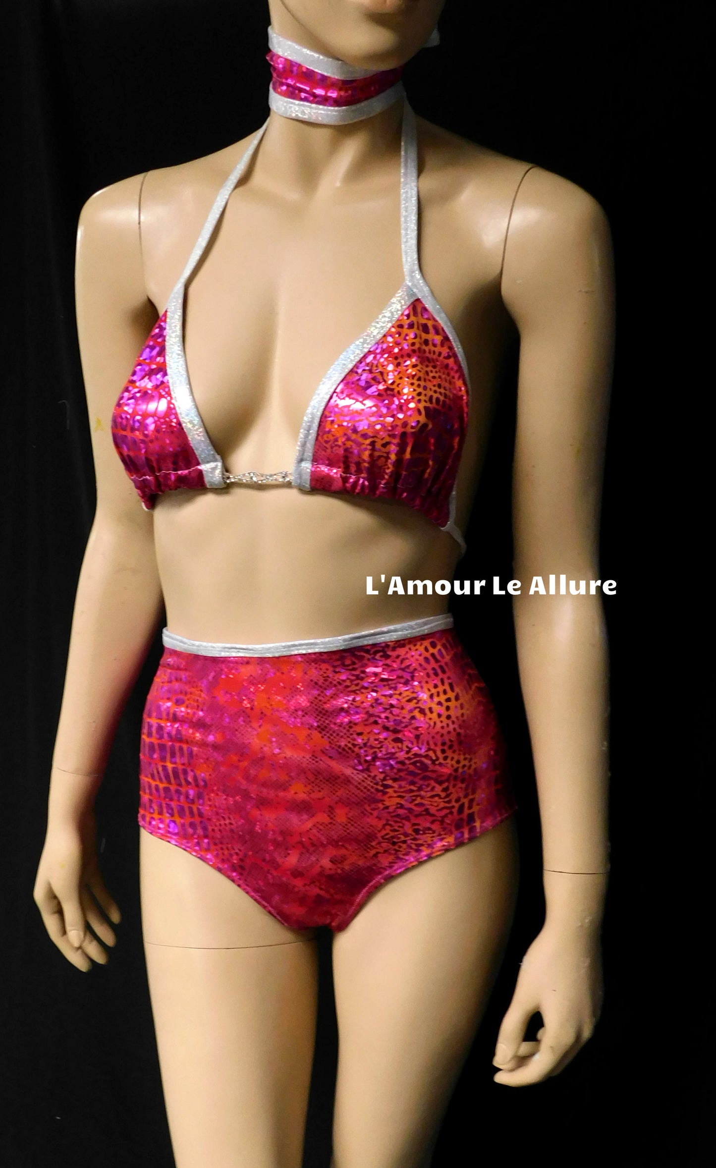 Hot Pink Holographic Snake Skin Animal Print Bikini With Choker, High Waist Skirt and Bottom
