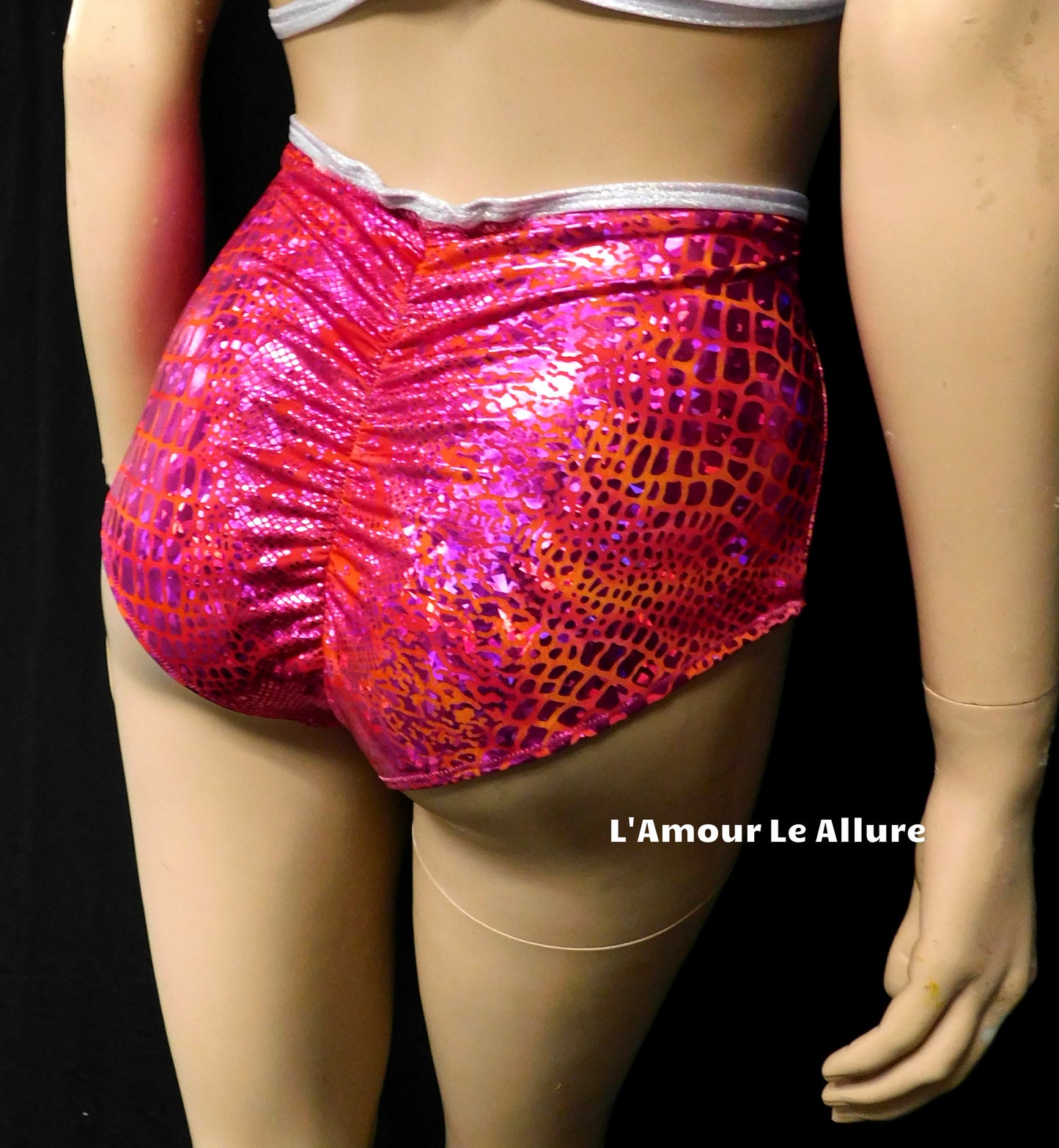Hot Pink Holographic Snake Skin Animal Print Bikini With Choker, High Waist Skirt and Bottom