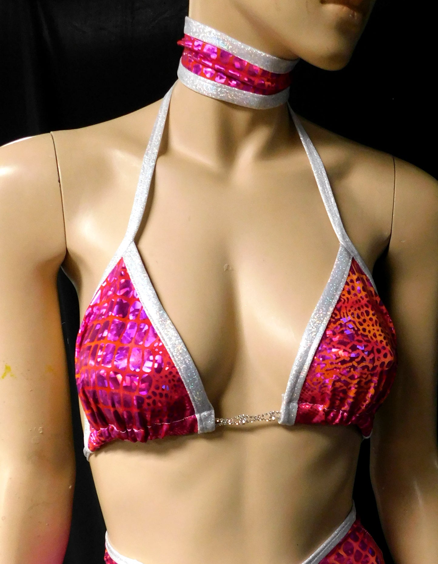 Hot Pink Holographic Snake Skin Animal Print Bikini With Choker, High Waist Skirt and Bottom