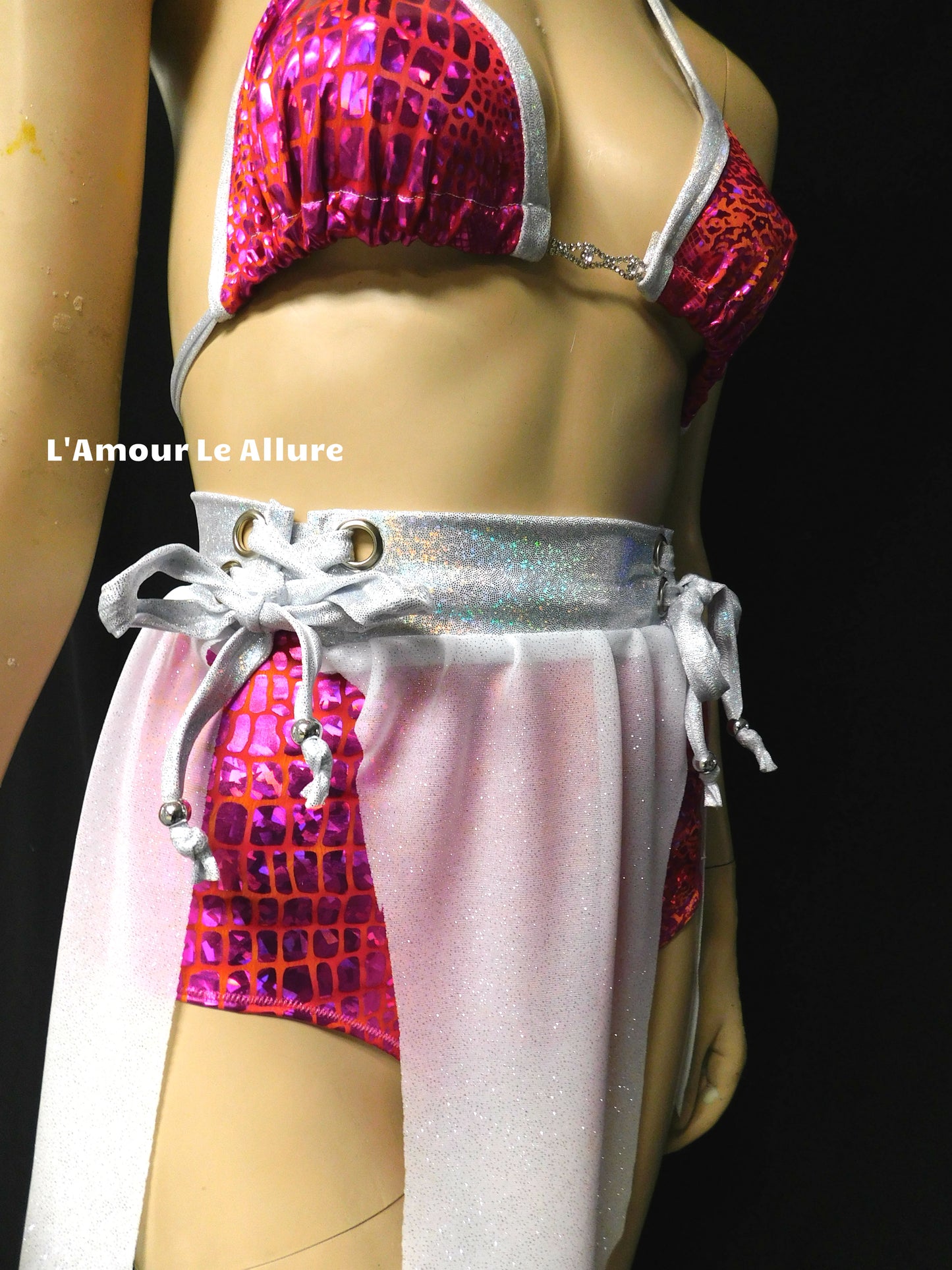 Hot Pink Holographic Snake Skin Animal Print Bikini With Choker, High Waist Skirt and Bottom