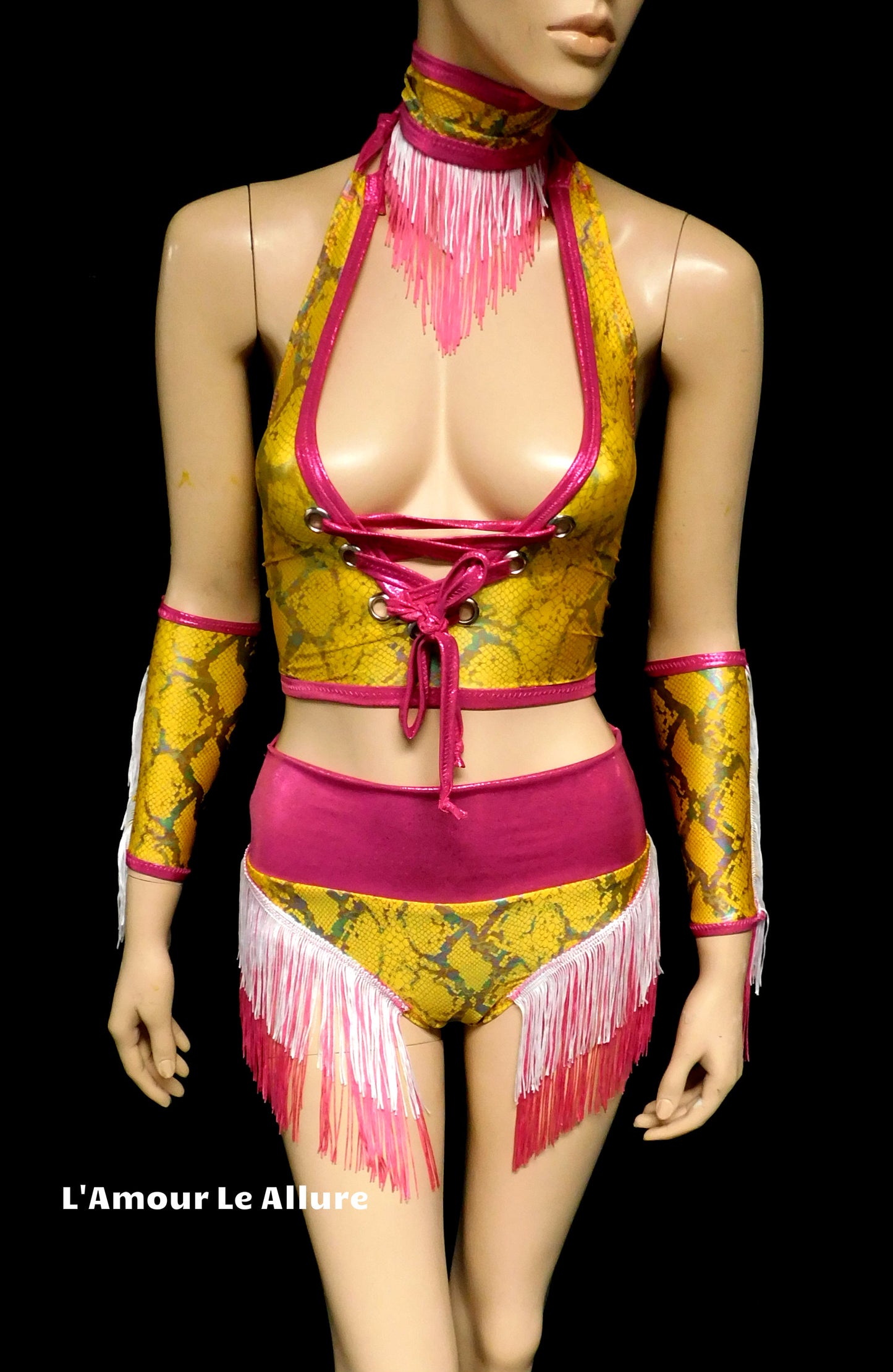 Yellow and Pink Holographic Fringe Snake Skin Animal Print Cow Girl