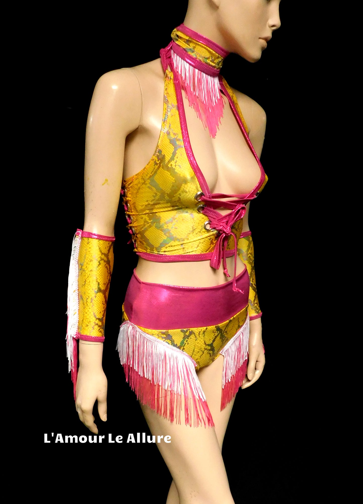 Yellow and Pink Holographic Fringe Snake Skin Animal Print Cow Girl