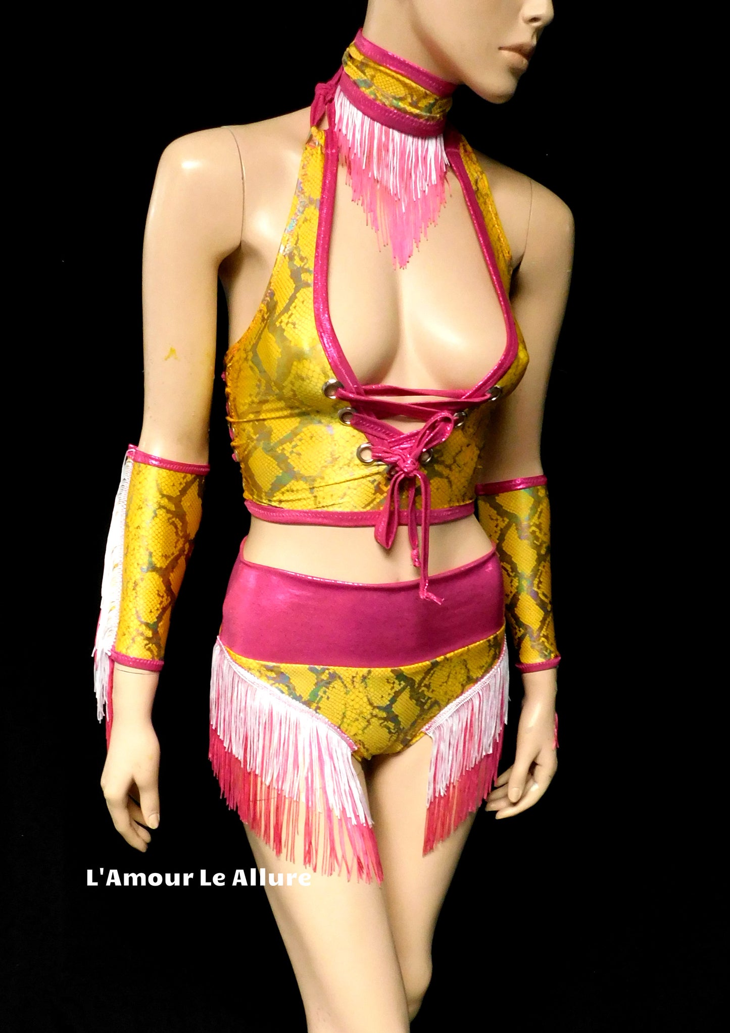 Yellow and Pink Holographic Fringe Snake Skin Animal Print Cow Girl