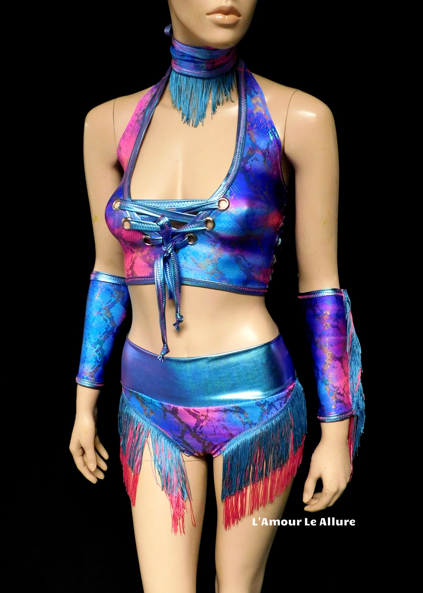 Blue and Pink Holographic Fringe Snake Skin Animal Print Cow Girl