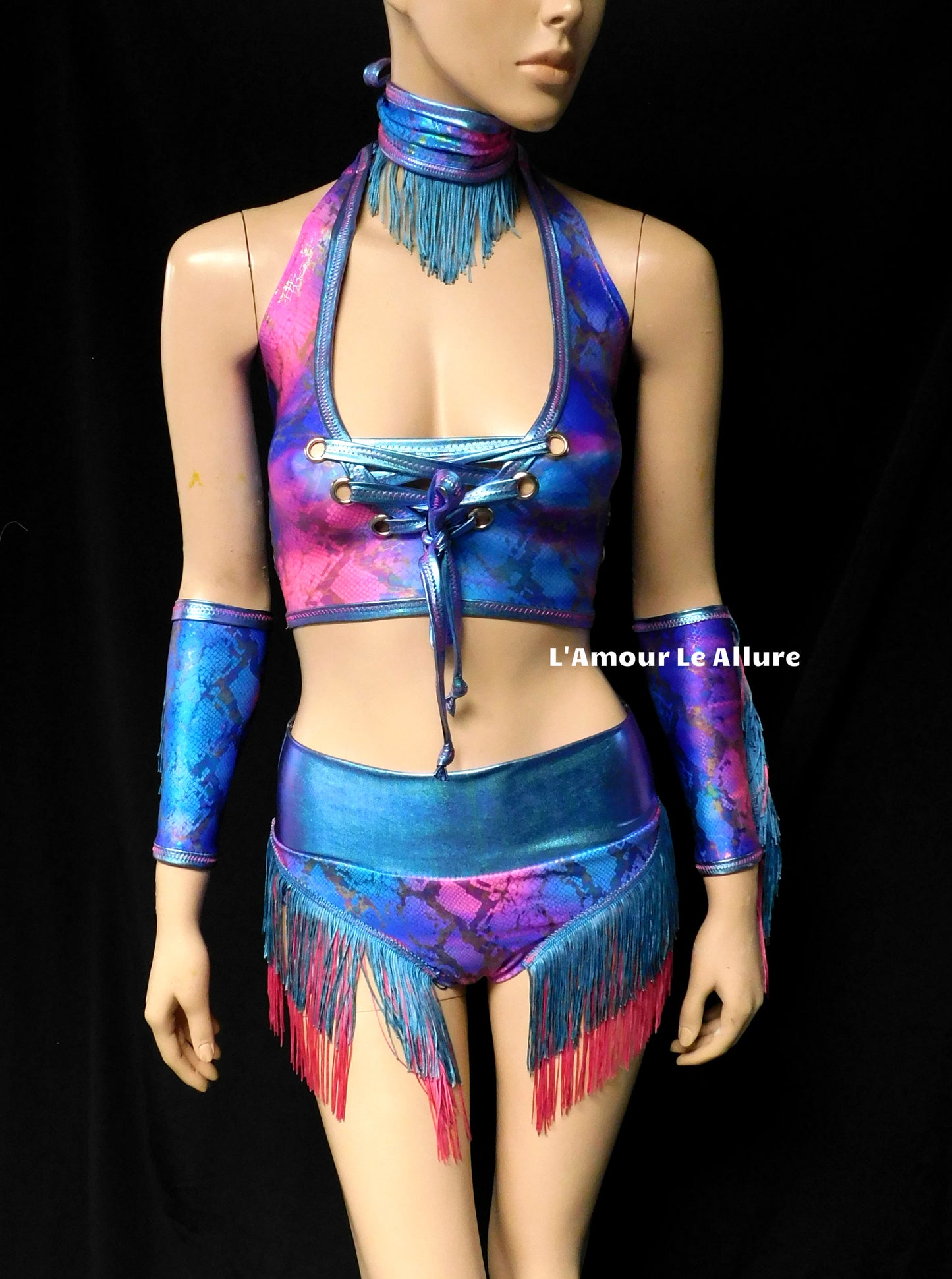 Blue and Pink Holographic Fringe Snake Skin Animal Print Cow Girl