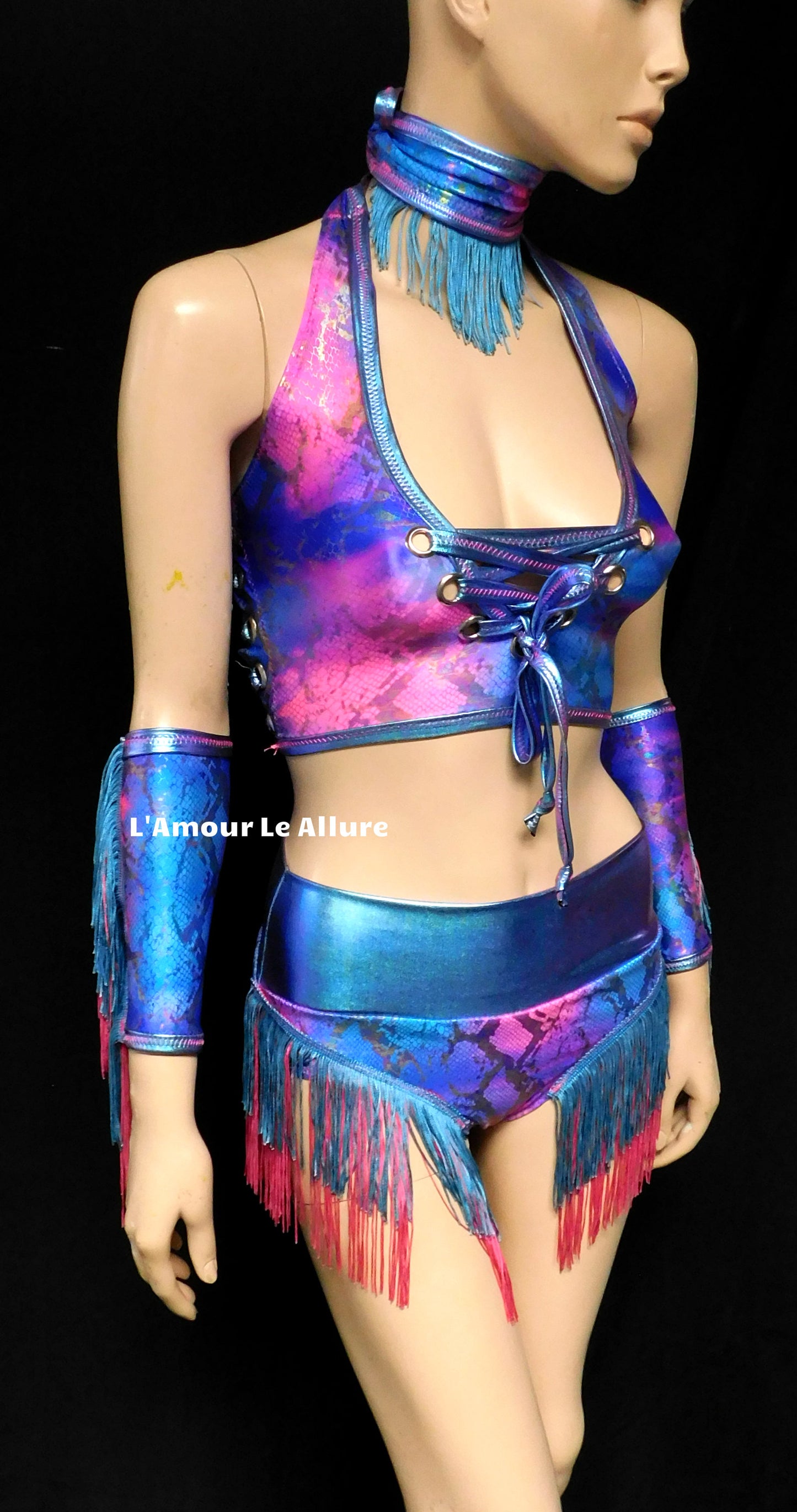 Blue and Pink Holographic Fringe Snake Skin Animal Print Cow Girl