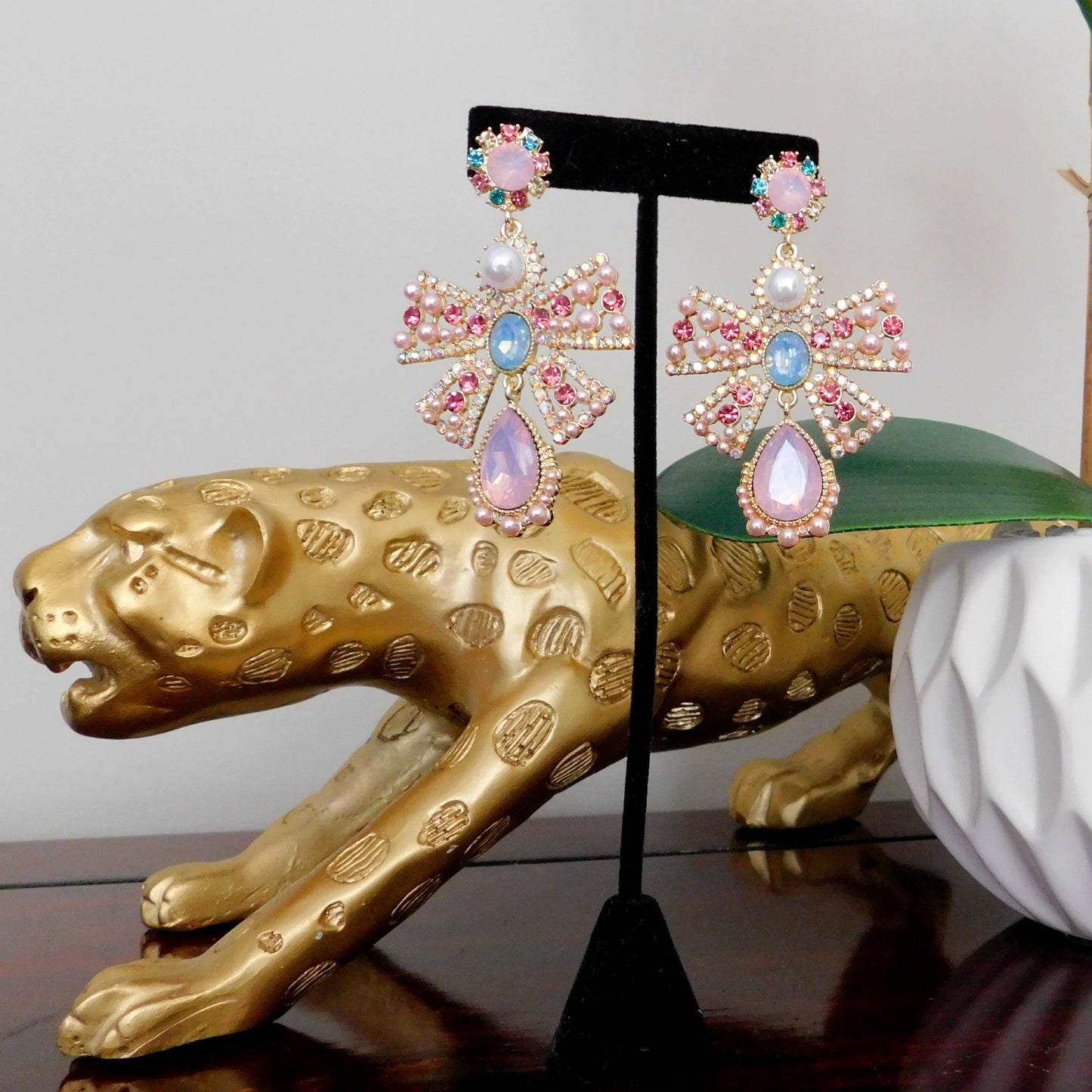 Baroque Pink Crystal Rhinestone Bow Tie Stud Earrings with pearl detailing