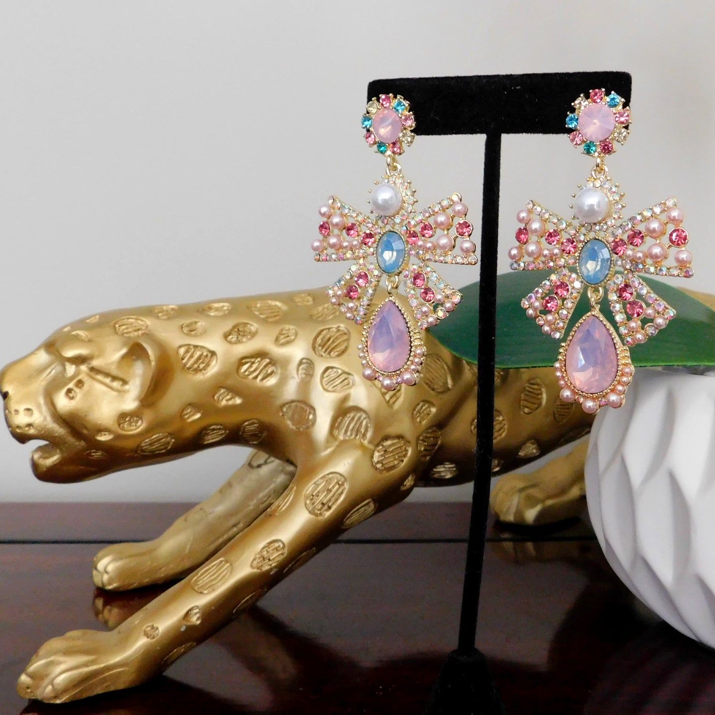 Baroque Pink Crystal Rhinestone Bow Tie Stud Earrings with pearl detailing