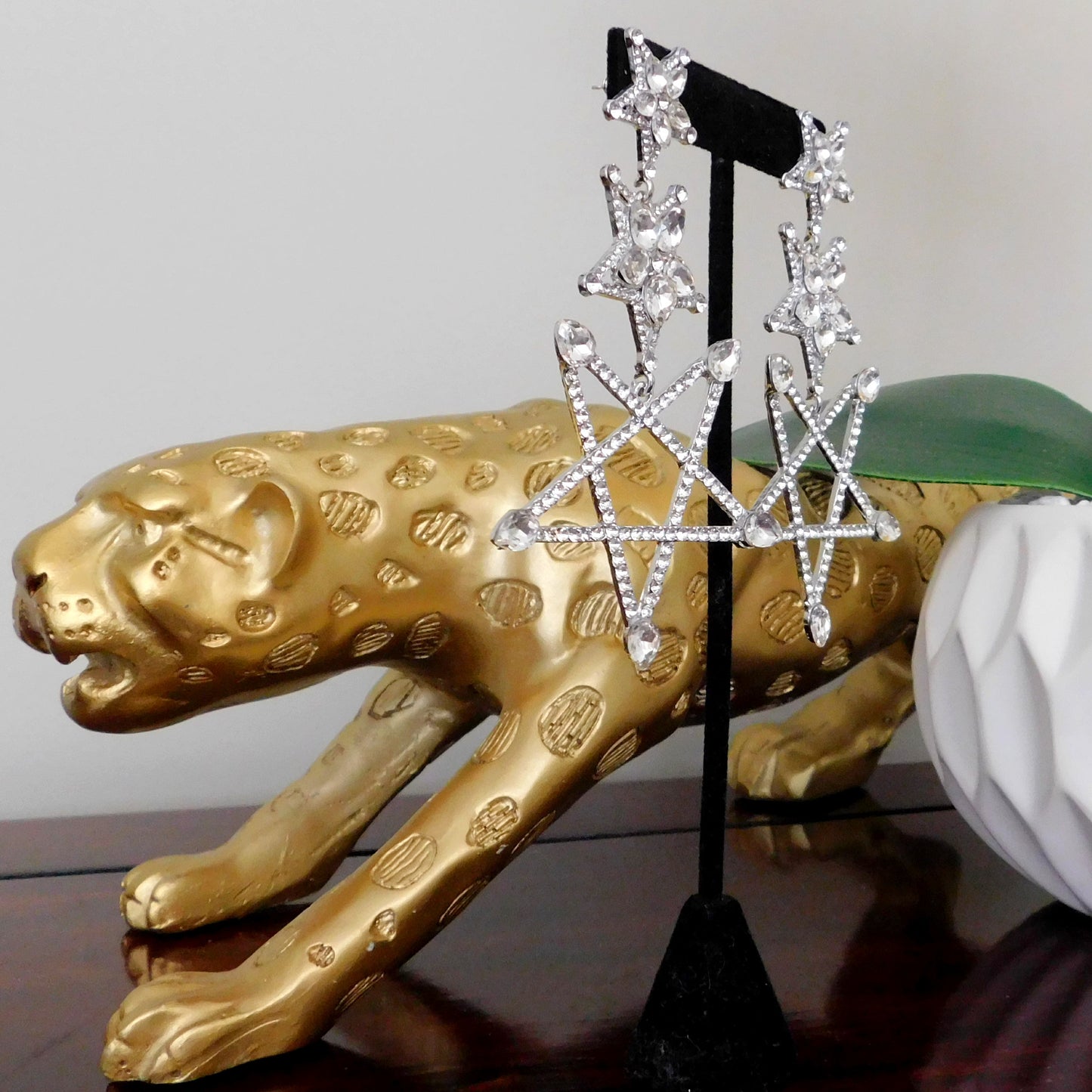 Large Three Pentagram Star Crystal Rhinestone Drop Earrings