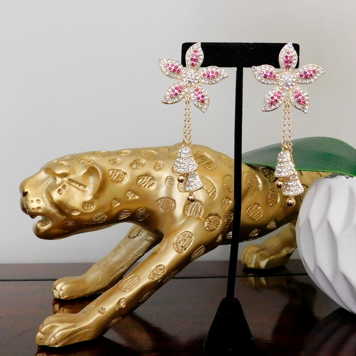 Gold and Pink Crystal Flower Stuf Earring with Dangling Bells Fashion Jewelry