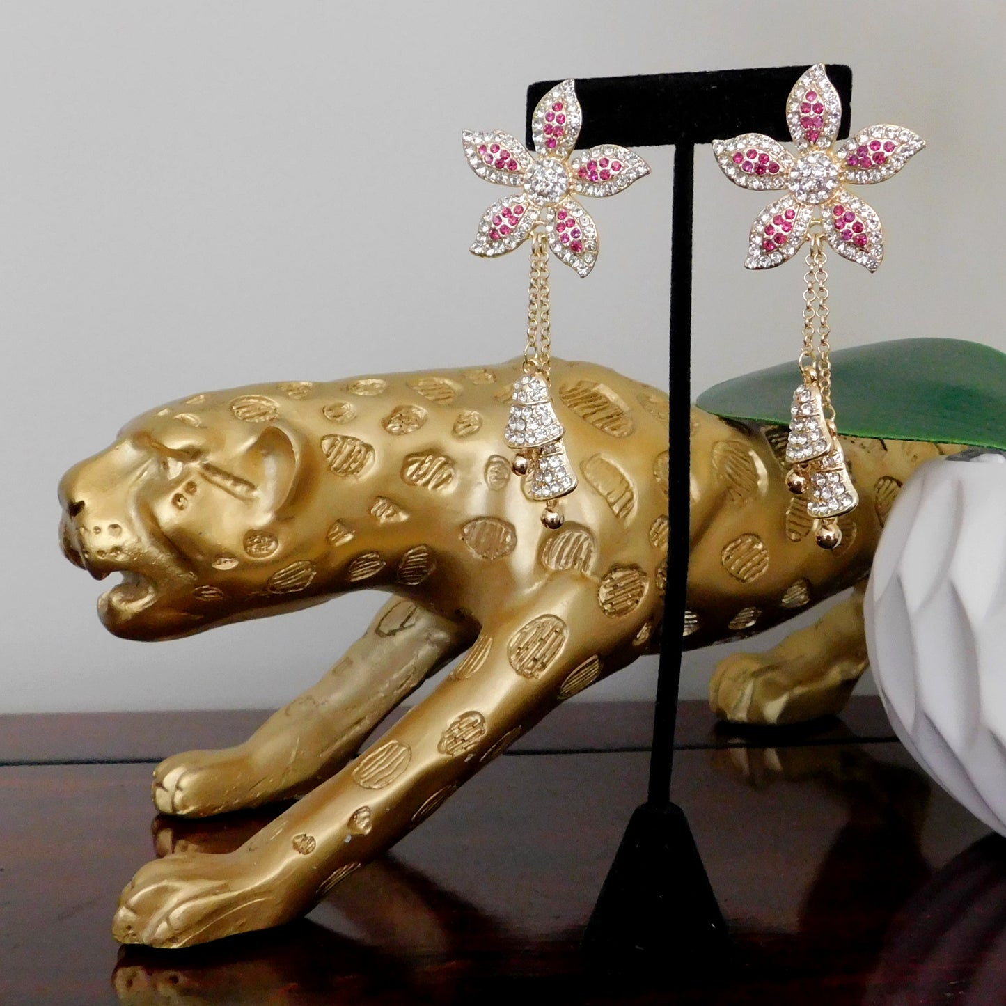 Gold and Pink Crystal Flower Stuf Earring with Dangling Bells Fashion Jewelry