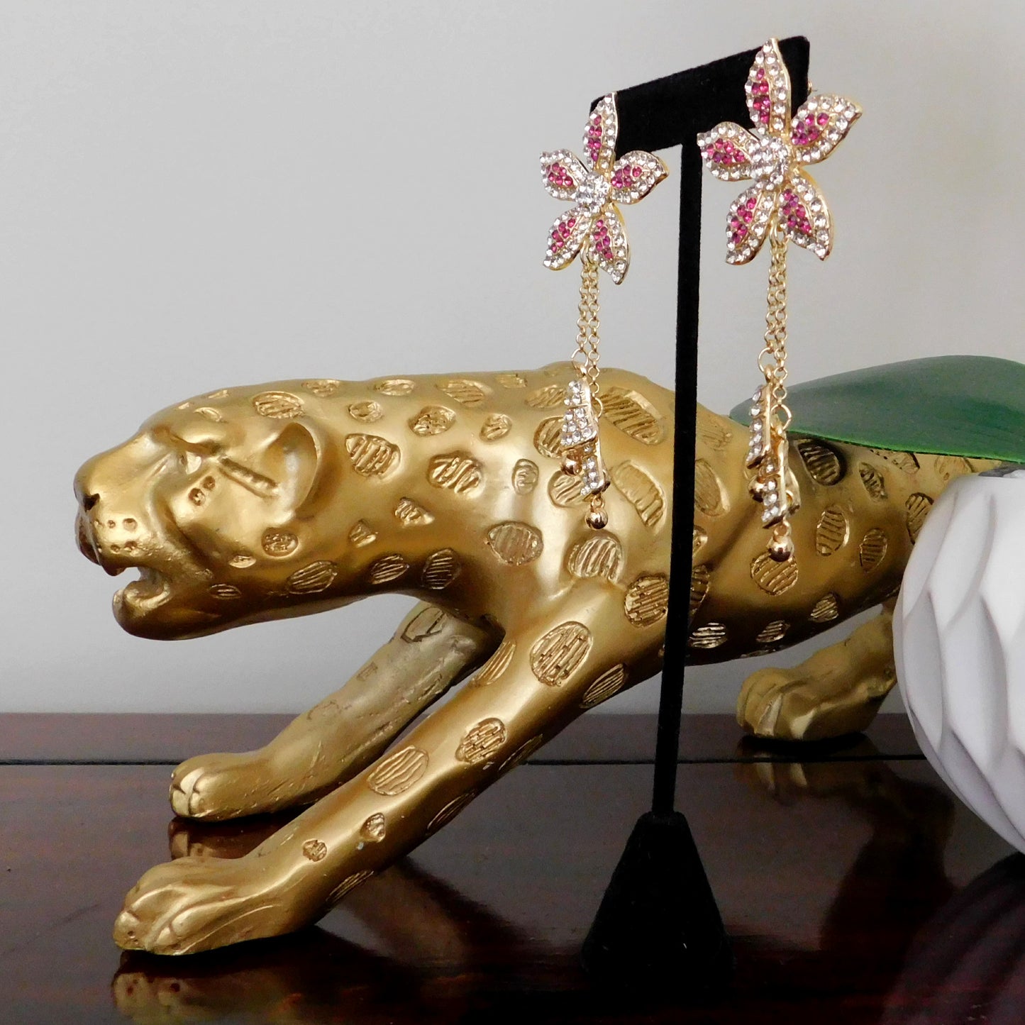 Gold and Pink Crystal Flower Stuf Earring with Dangling Bells Fashion Jewelry