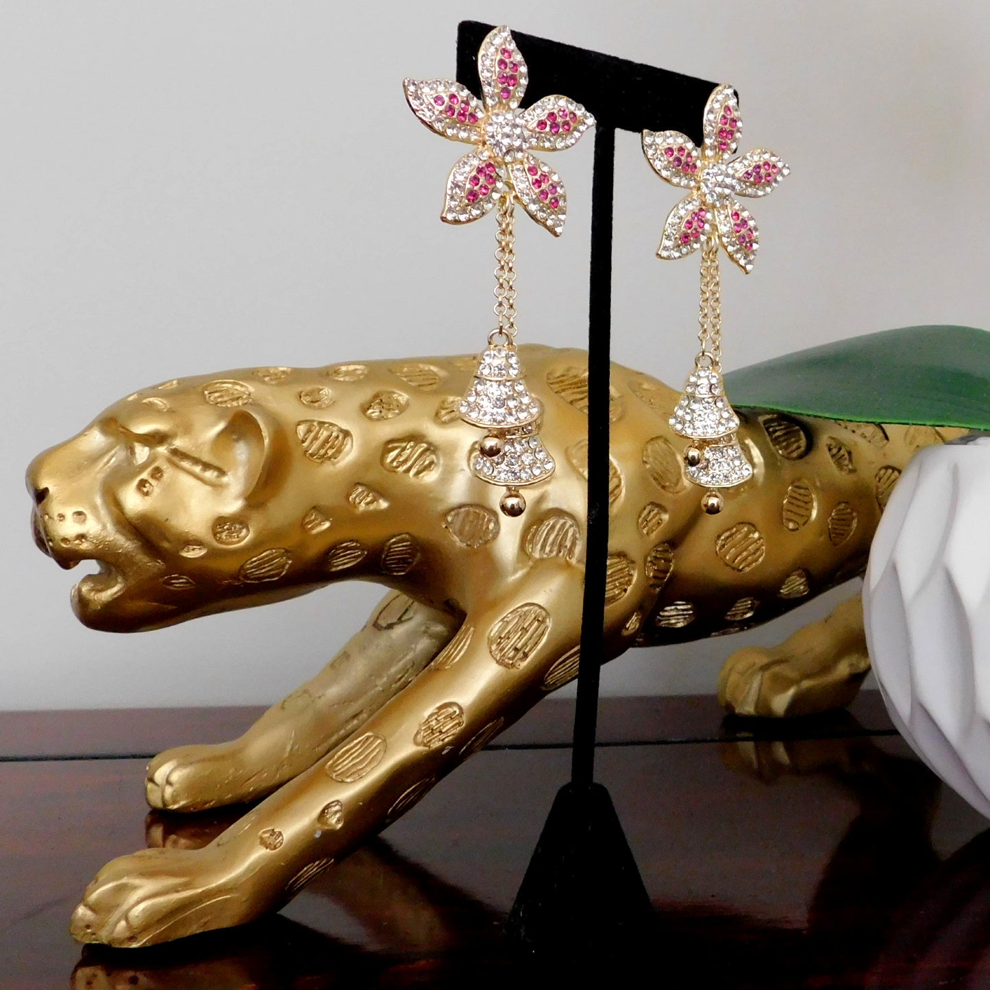Gold and Pink Crystal Flower Stuf Earring with Dangling Bells Fashion Jewelry
