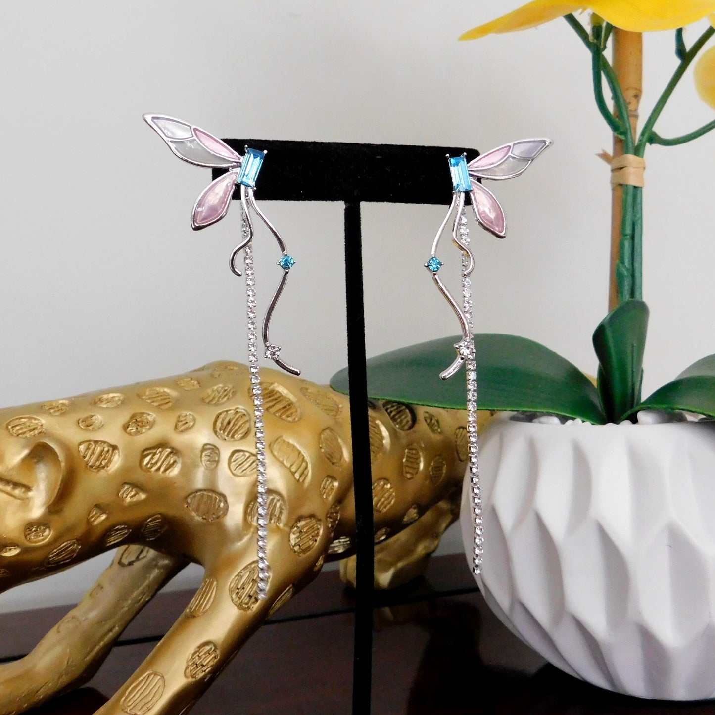 Purple Blue Long Tassel Enamel Dragonfly Fairy Drop Earrings