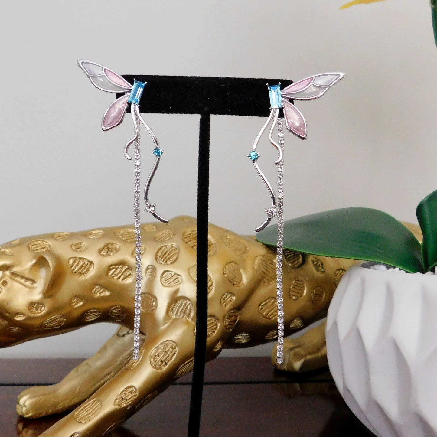 Purple Blue Long Tassel Enamel Dragonfly Fairy Drop Earrings